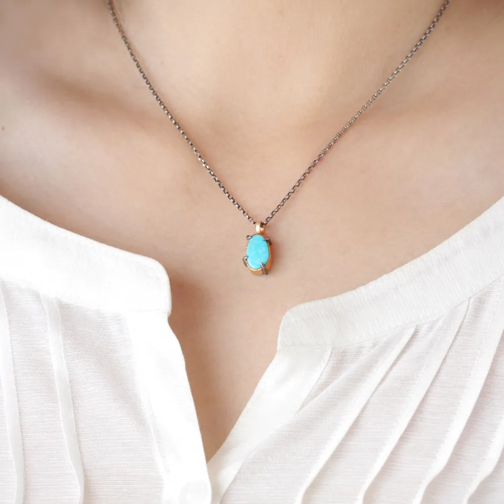 Freeform Bisbee Turquoise Pendant Necklace in Mixed Silver and 14k Gold