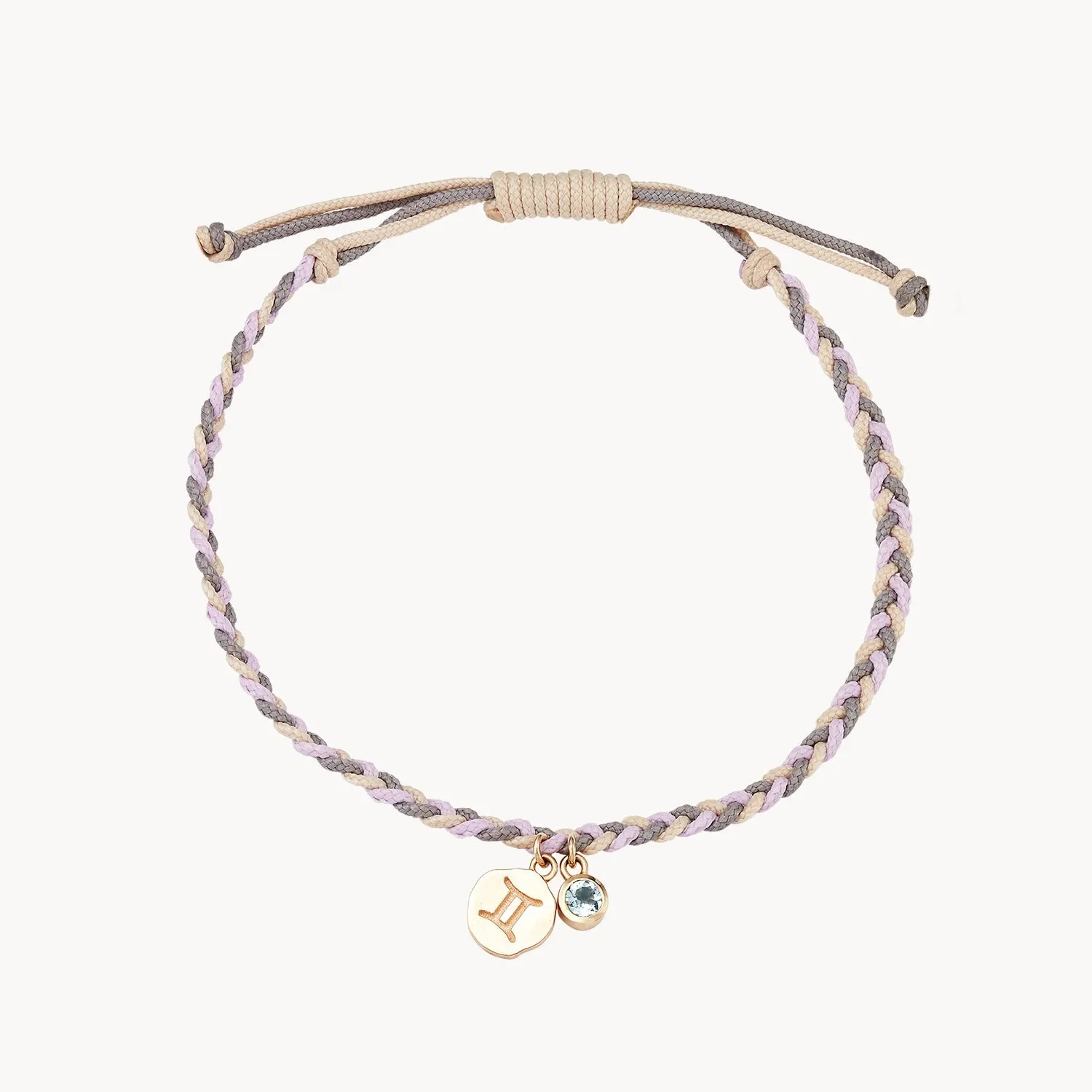 gemini zodiac air element cord bracelet - 10k yellow gold, aquamarine, cord