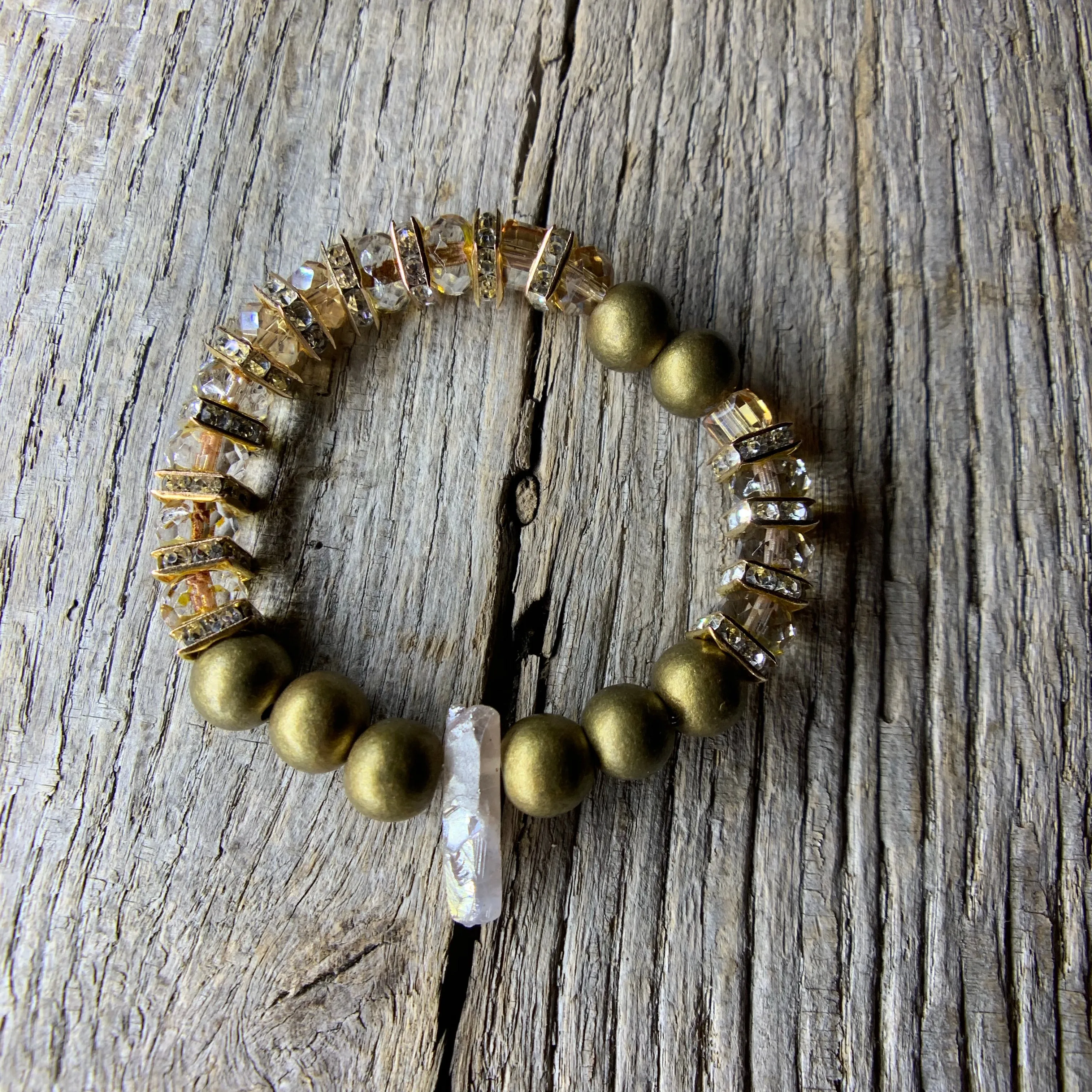 Gold Beaded Bracelet with Rose Luster Quartz Accent