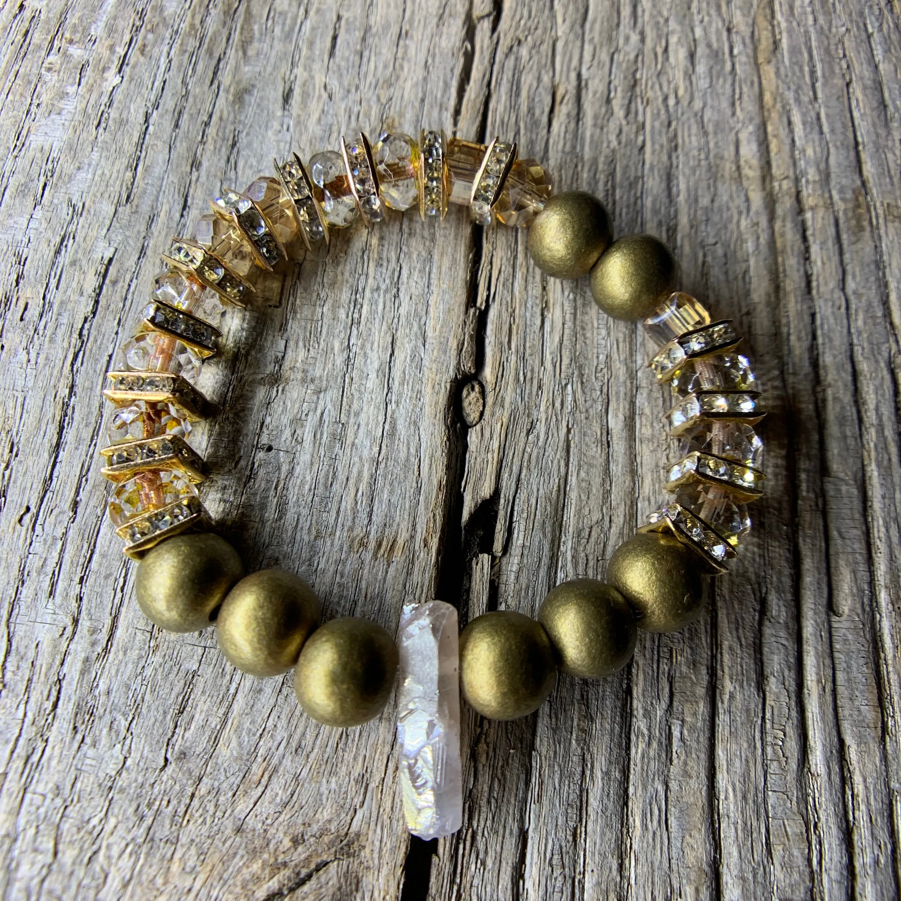 Gold Beaded Bracelet with Rose Luster Quartz Accent