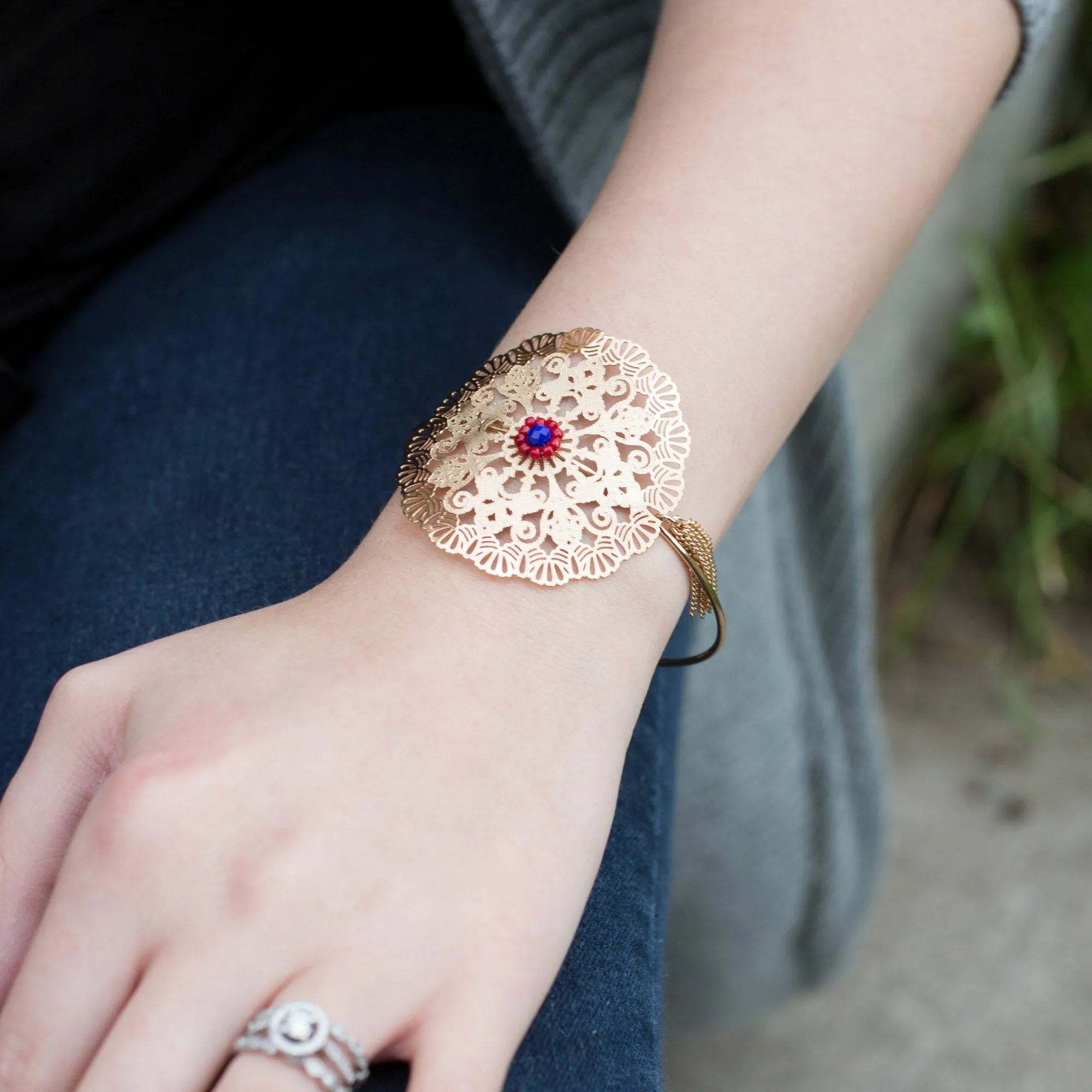 Gold Beaded Crimson Filigree Bangle Bracelet