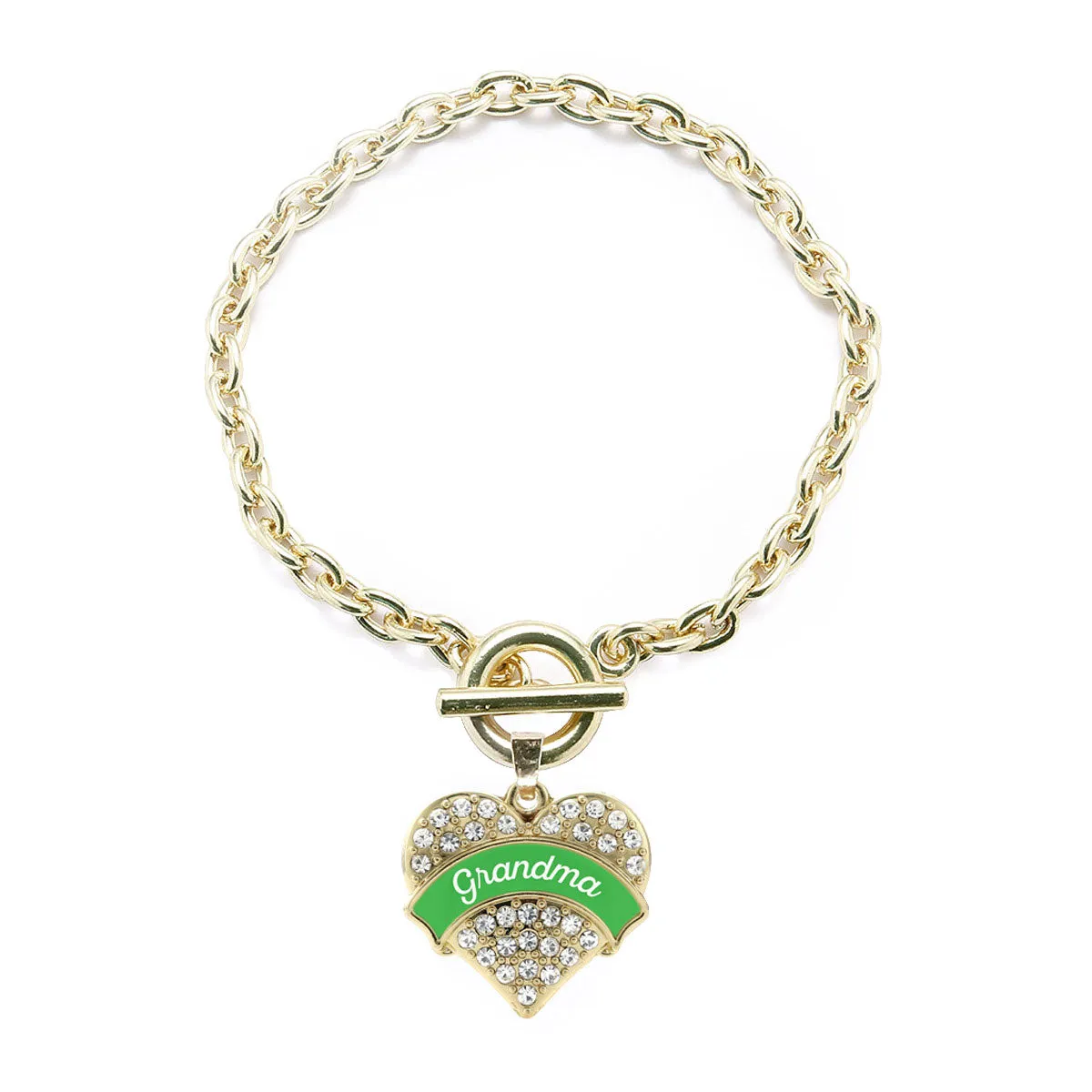 Gold Emerald Green Grandma Pave Heart Charm Toggle Bracelet