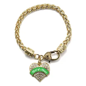 Gold Emerald Green Maid of Honor Pave Heart Charm Braided Bracelet