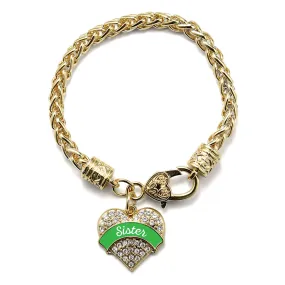 Gold Emerald Green Sister Pave Heart Charm Braided Bracelet