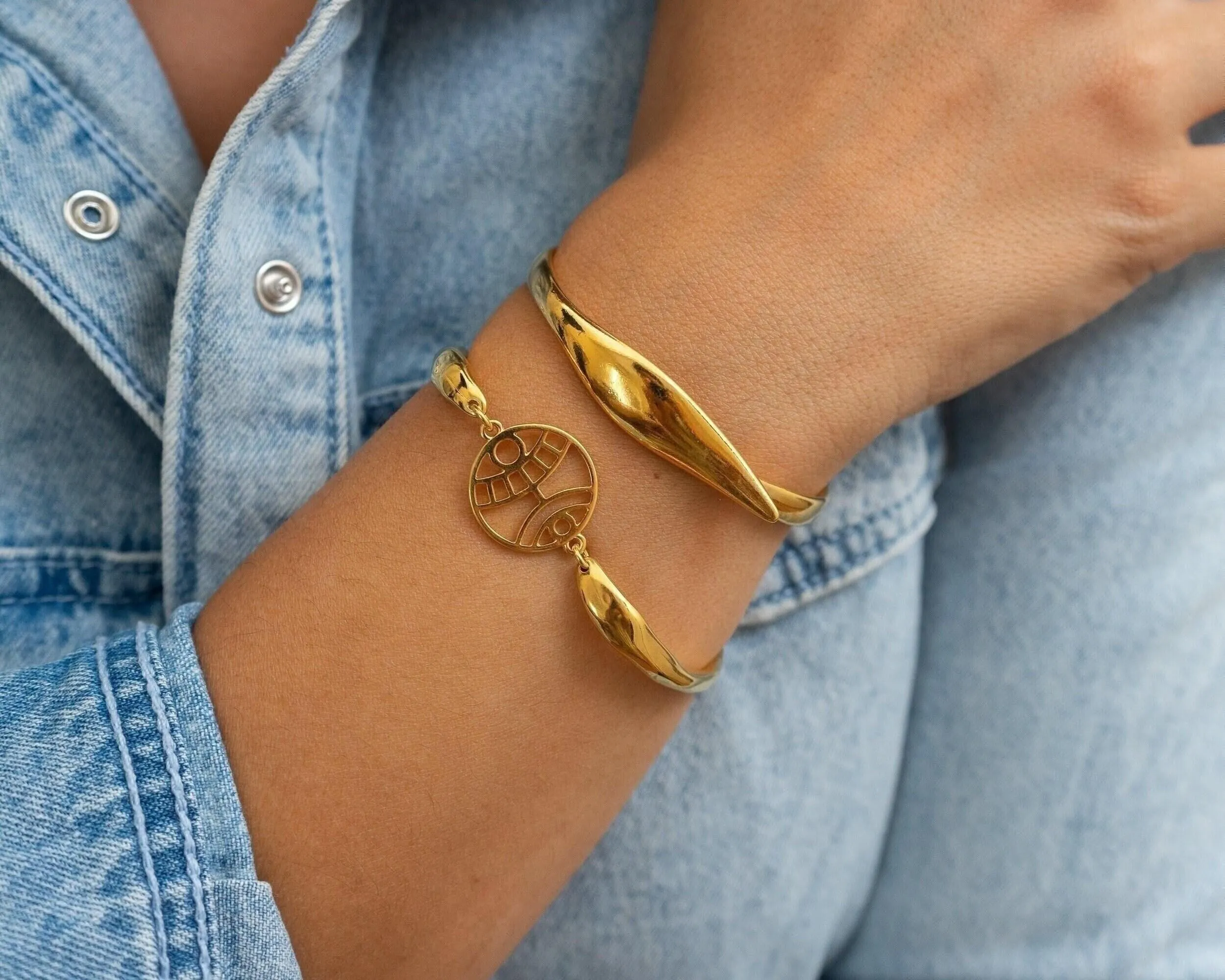 Gold Evil Eye Hammered Cuff Bracelet