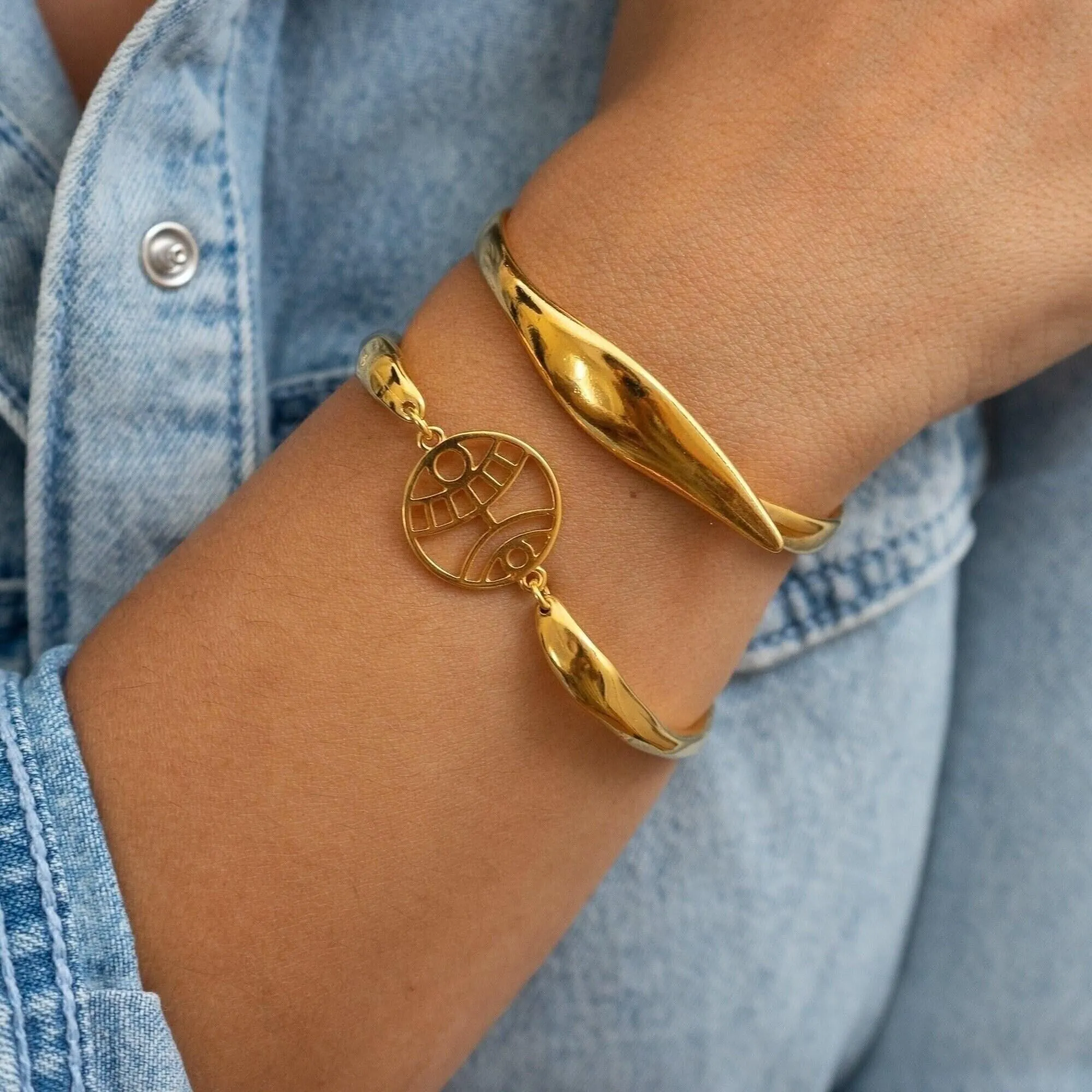 Gold Evil Eye Hammered Cuff Bracelet