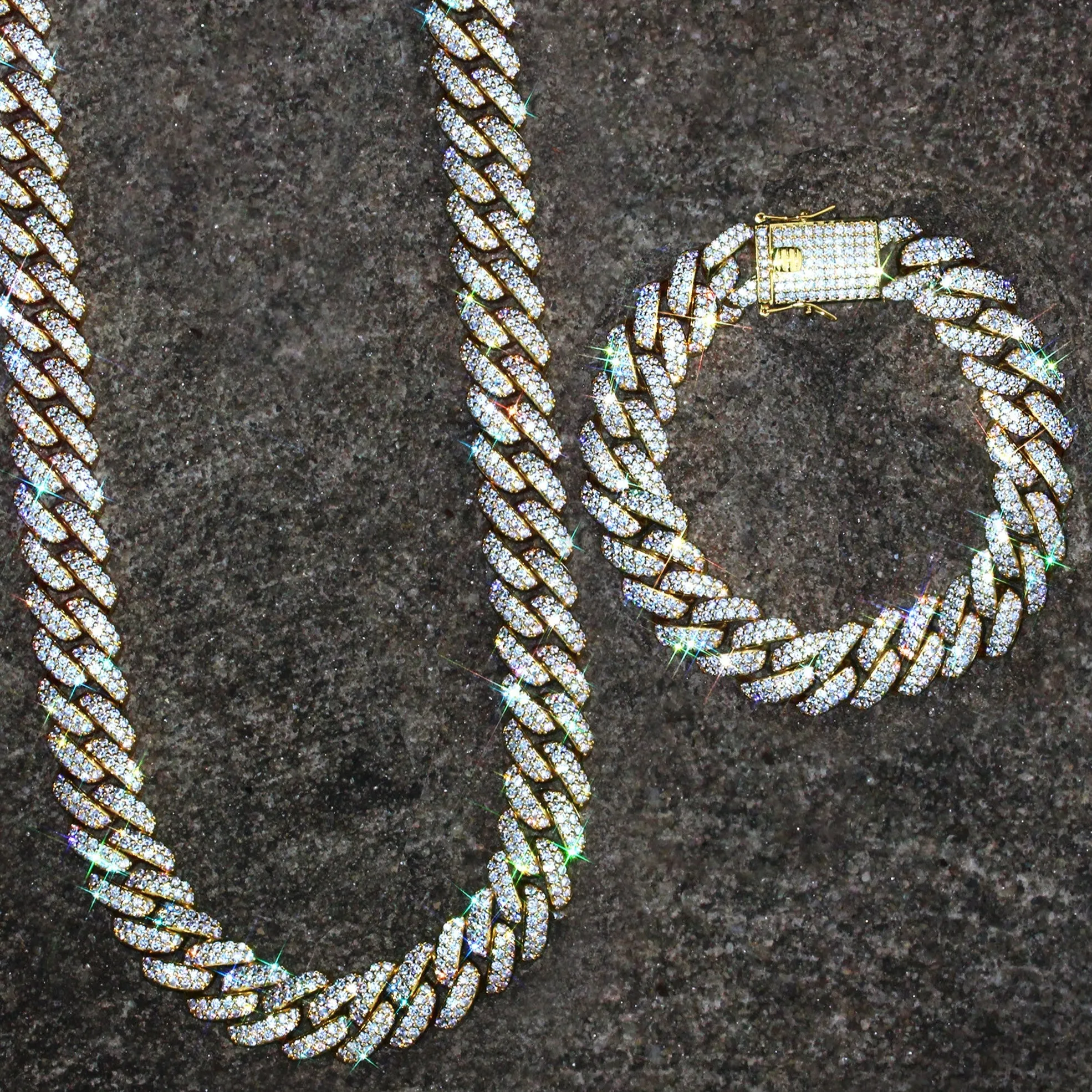 Gold Iced Out Miami Cuban Link Chain & Bracelet