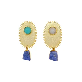 Gold Plated Earrings w/ Light Green & Chalcedony & White Rainbow & Lapis Lazuli Stones