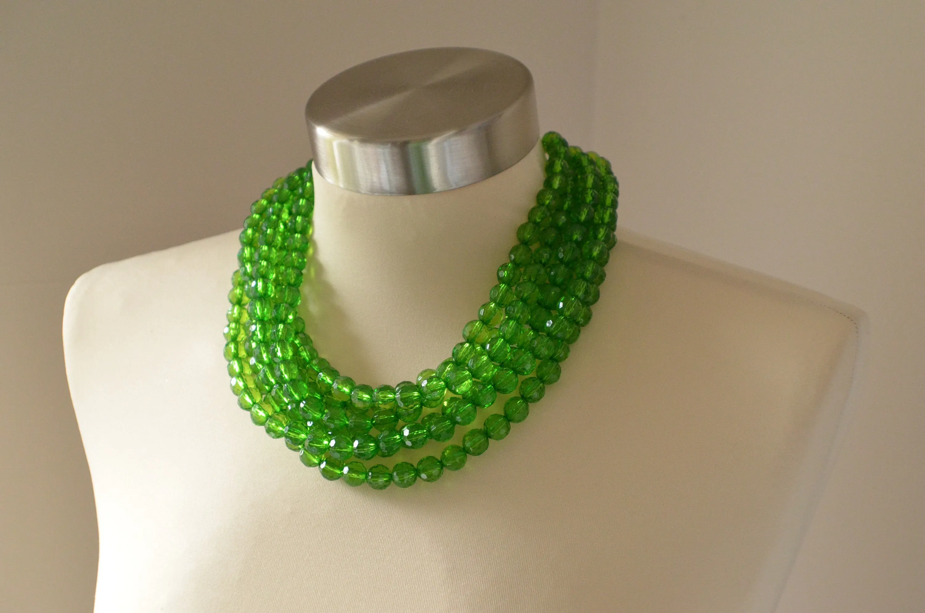 Green Lucite Faceted Beaded Chunky Multi Strand Statement Necklace - Angelina