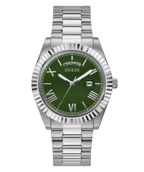 Guess Connoisseur Brushed And Polished Silver Tone Case Semi Gloss Green Day Date Dial And Brushed And Polished Silver Tone Bracelet GW0265G10