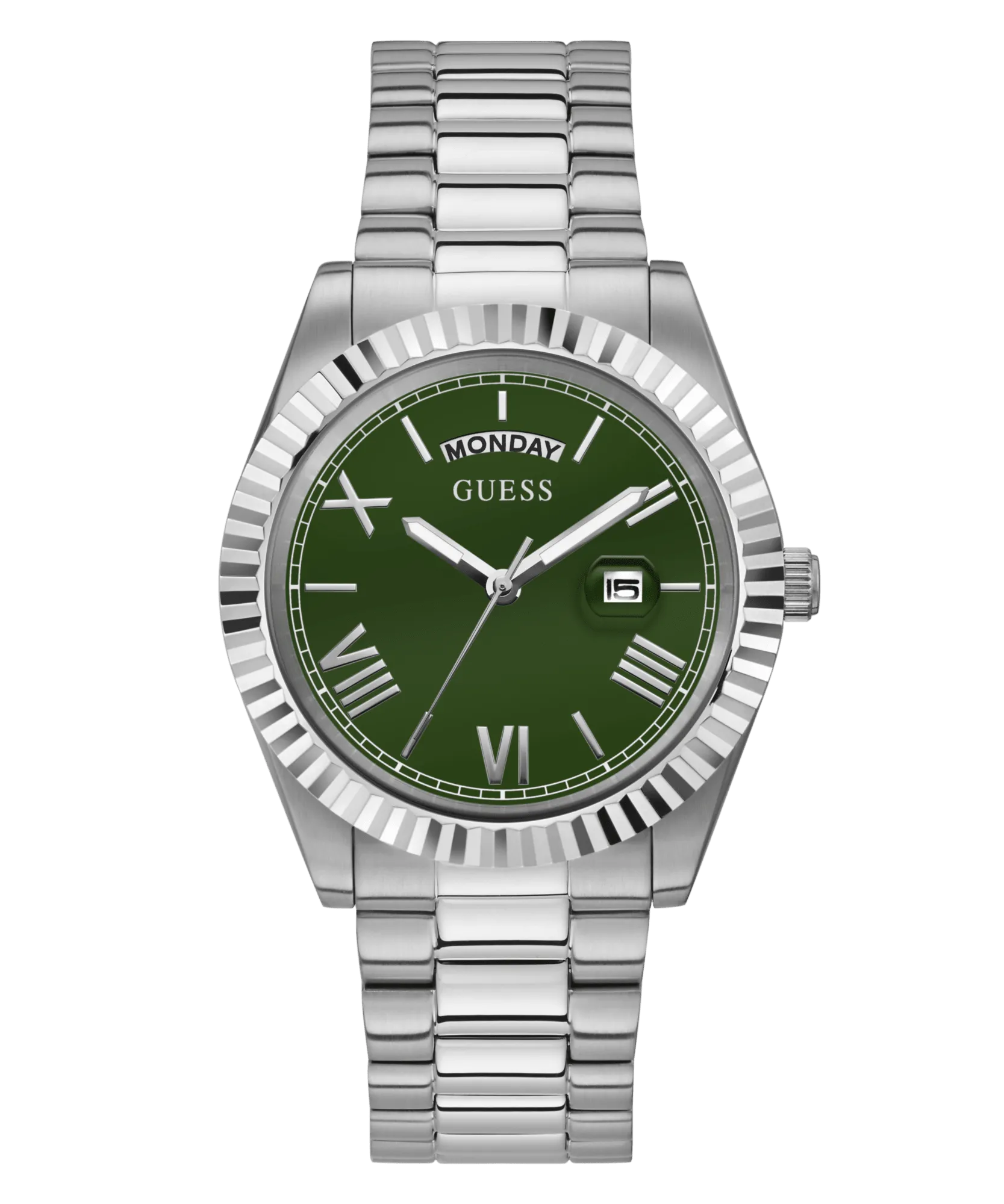 Guess Connoisseur Brushed And Polished Silver Tone Case Semi Gloss Green Day Date Dial And Brushed And Polished Silver Tone Bracelet GW0265G10