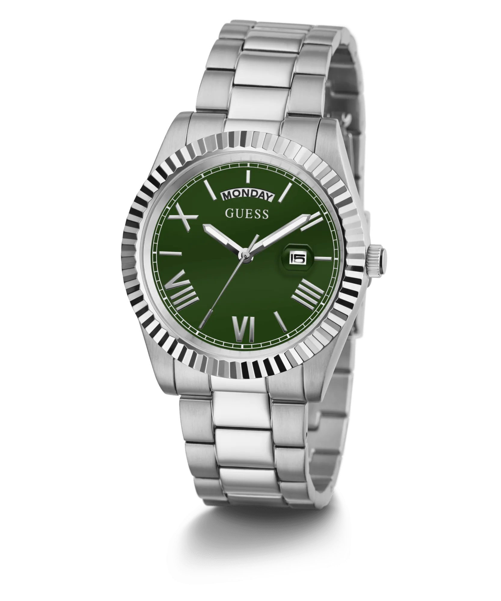 Guess Connoisseur Brushed And Polished Silver Tone Case Semi Gloss Green Day Date Dial And Brushed And Polished Silver Tone Bracelet GW0265G10