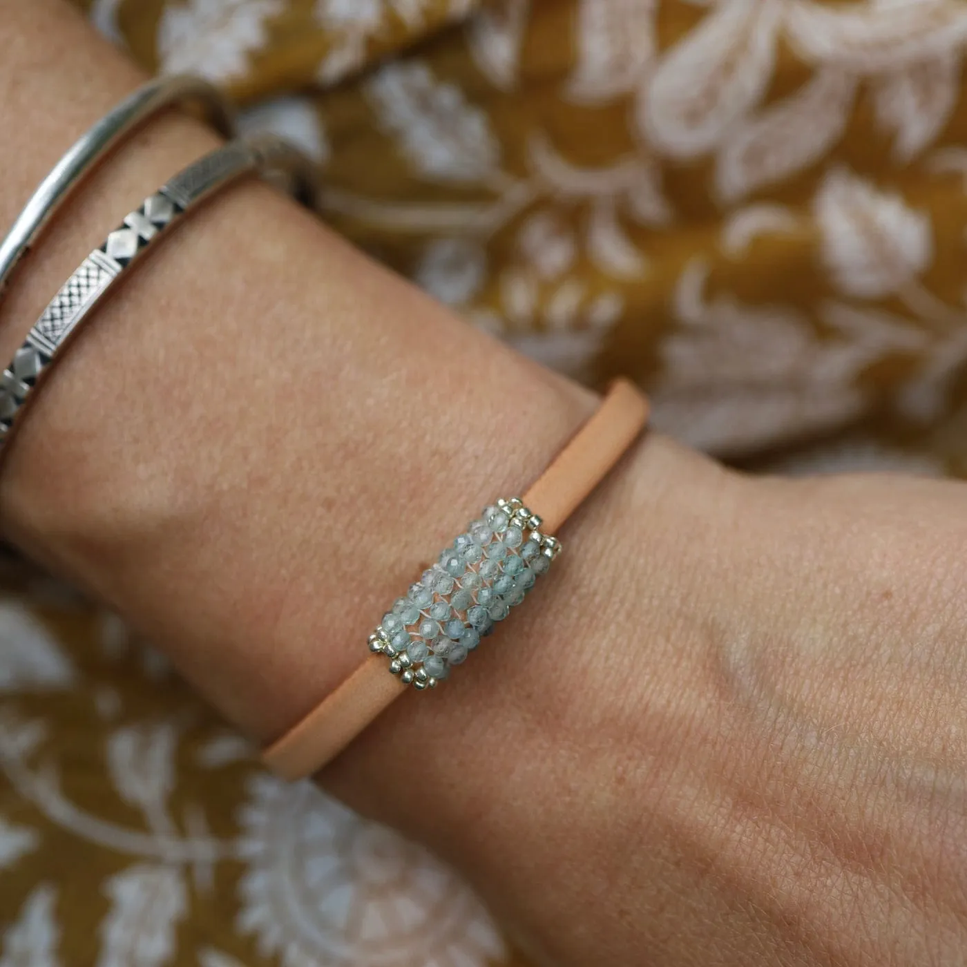 Hand Stitched Tiny Aquamarine Leather Bracelet