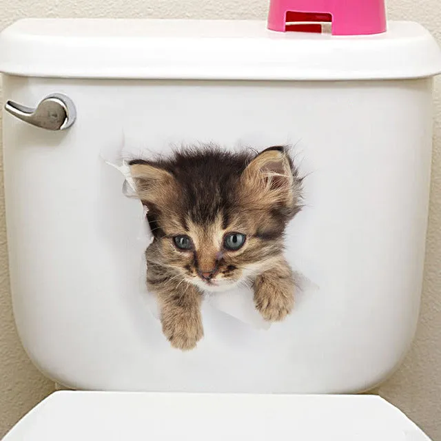 Hole View Vivid Dogs Cats 3D Wall Sticker Bathroom Home Decoration Animal Art Sticker Wall Poster