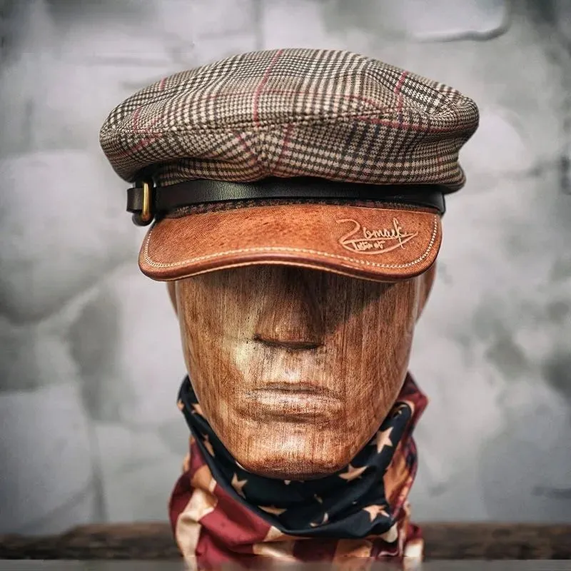 Houndstooth Flat Top Hat with Synthetic Suede Cowhide Brim