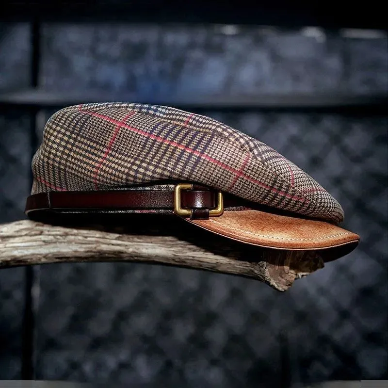 Houndstooth Flat Top Hat with Synthetic Suede Cowhide Brim