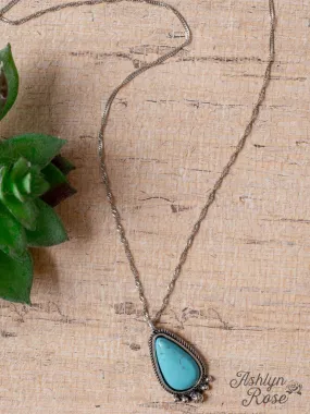 I ONLY KISS COWBOYS TURQUOISE ROCK TEARDROP PENDANT SILVER NECKLACE