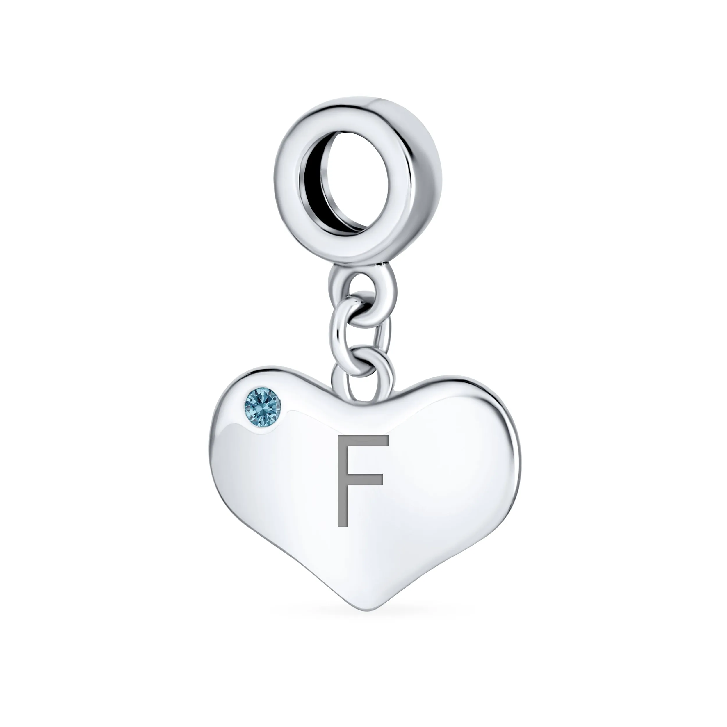 Initial Alphabet Bead Charm Blue Topaz Heart Dangle for Sterling Silver Bracelet