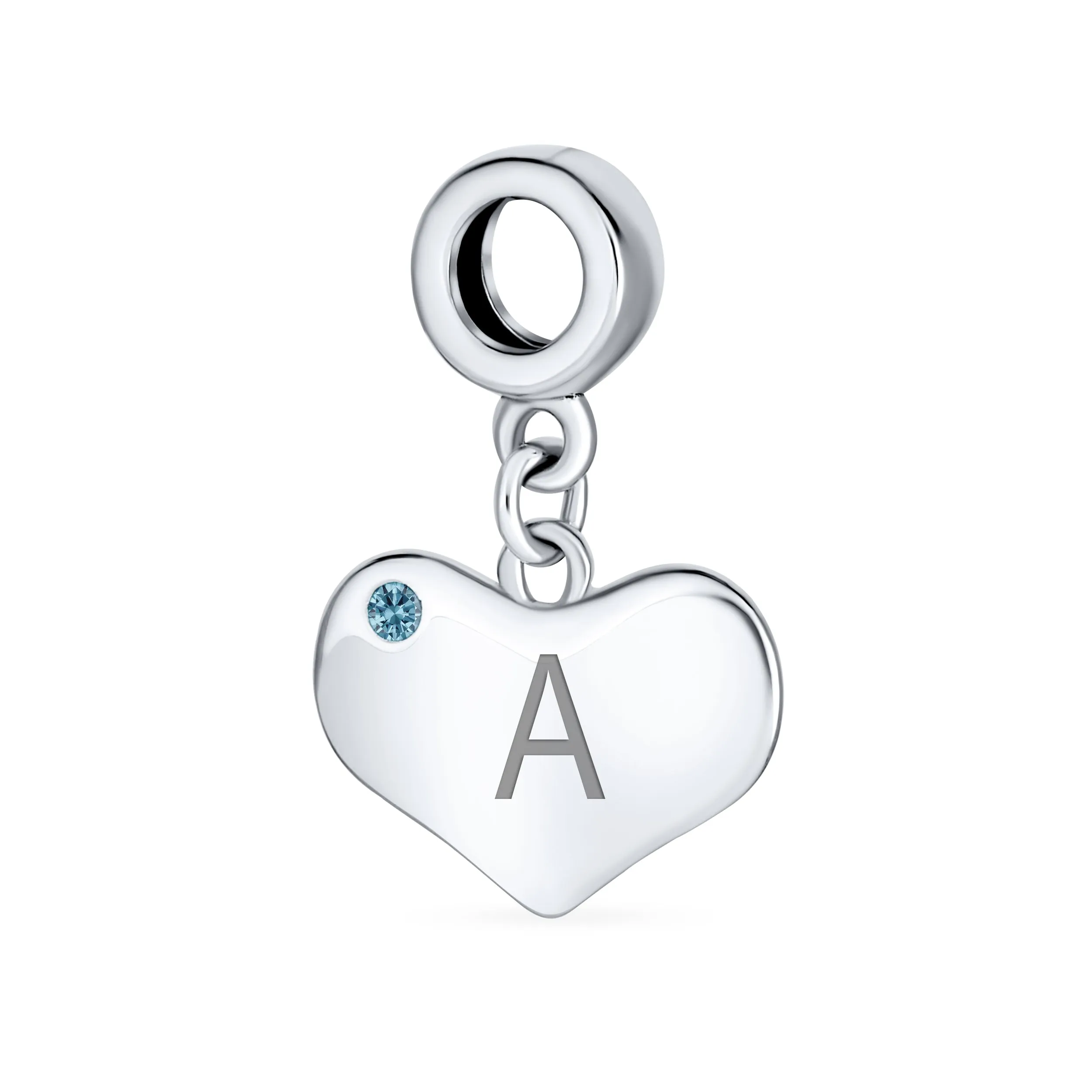 Initial Alphabet Bead Charm Blue Topaz Heart Dangle for Sterling Silver Bracelet