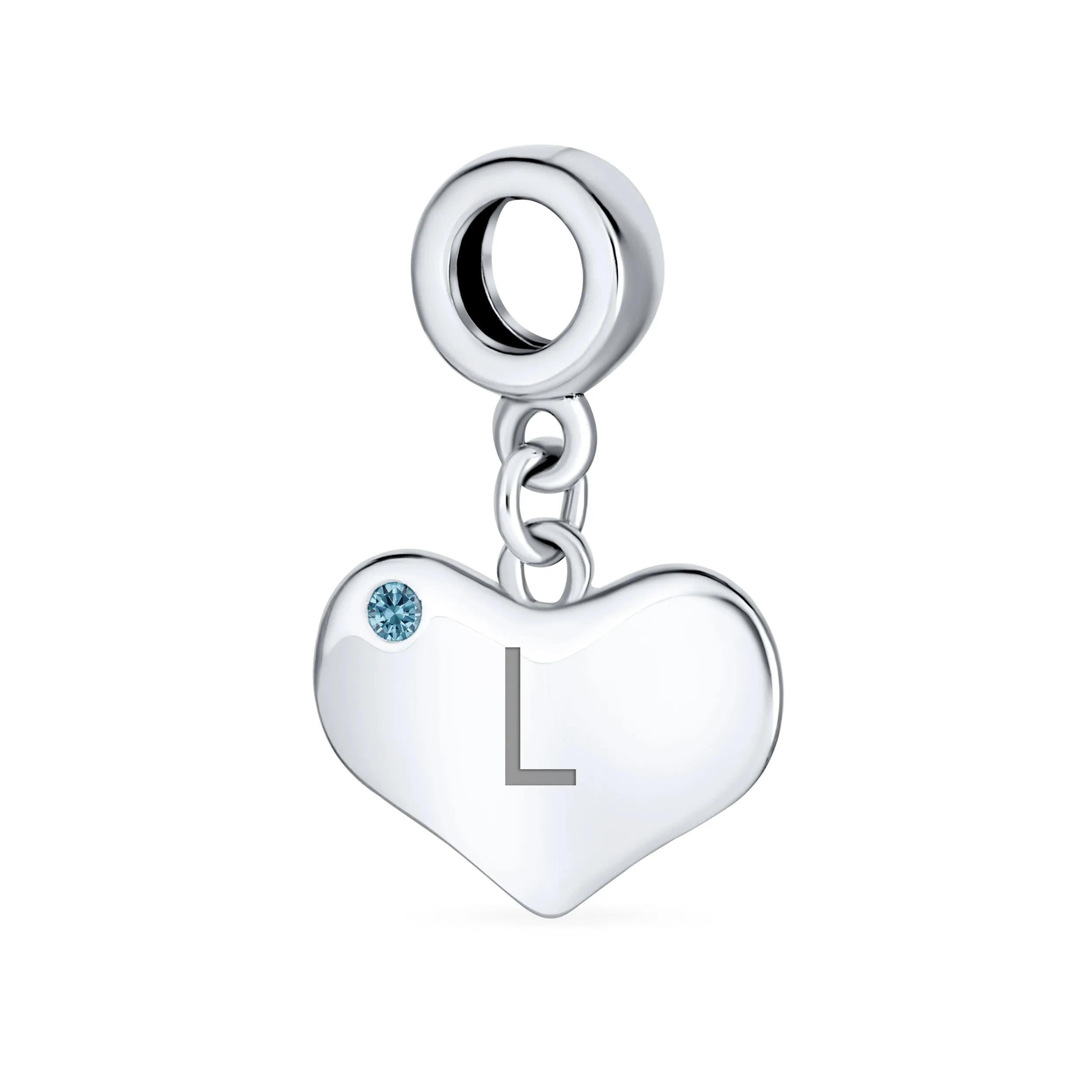 Initial Alphabet Bead Charm Blue Topaz Heart Dangle for Sterling Silver Bracelet