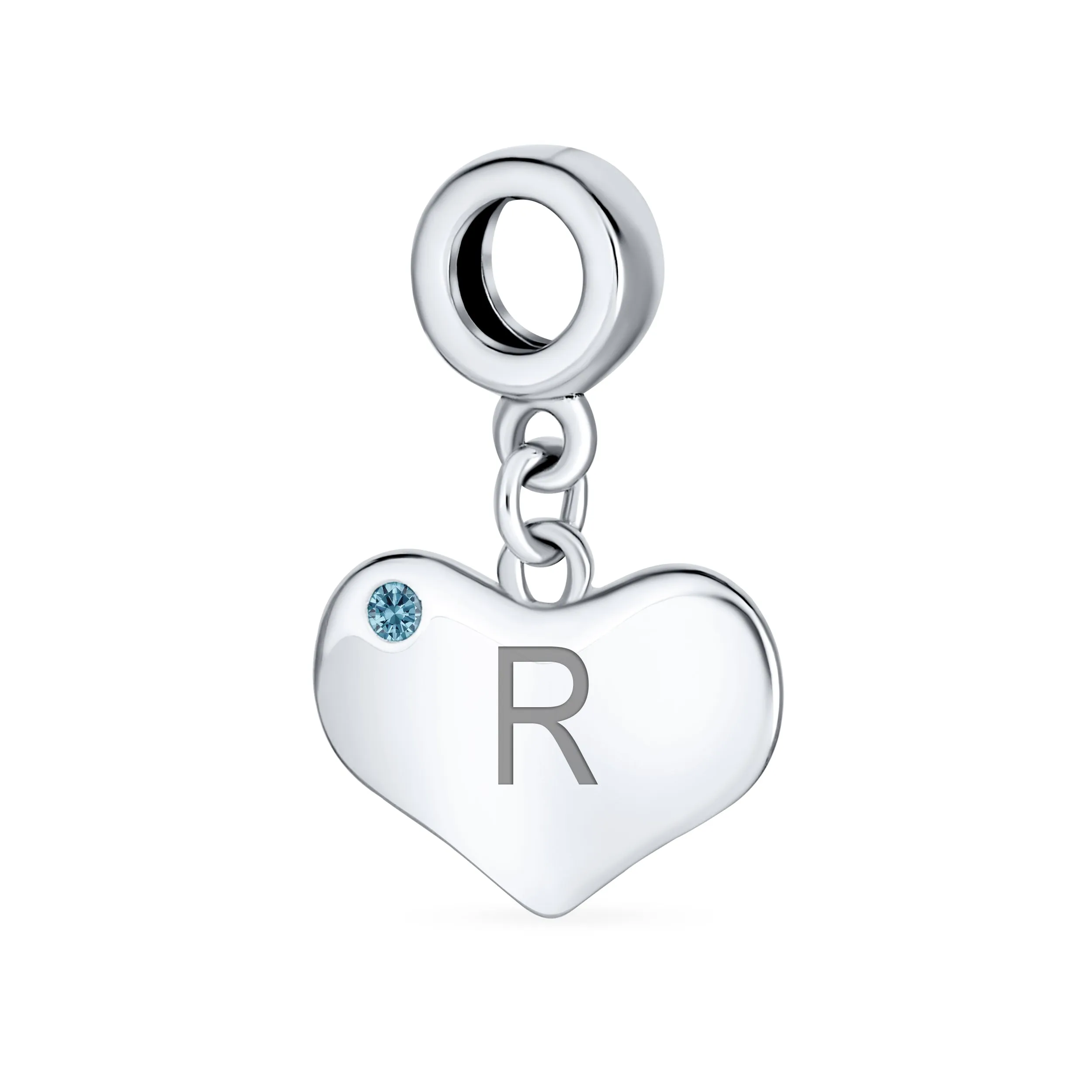 Initial Alphabet Bead Charm Blue Topaz Heart Dangle for Sterling Silver Bracelet