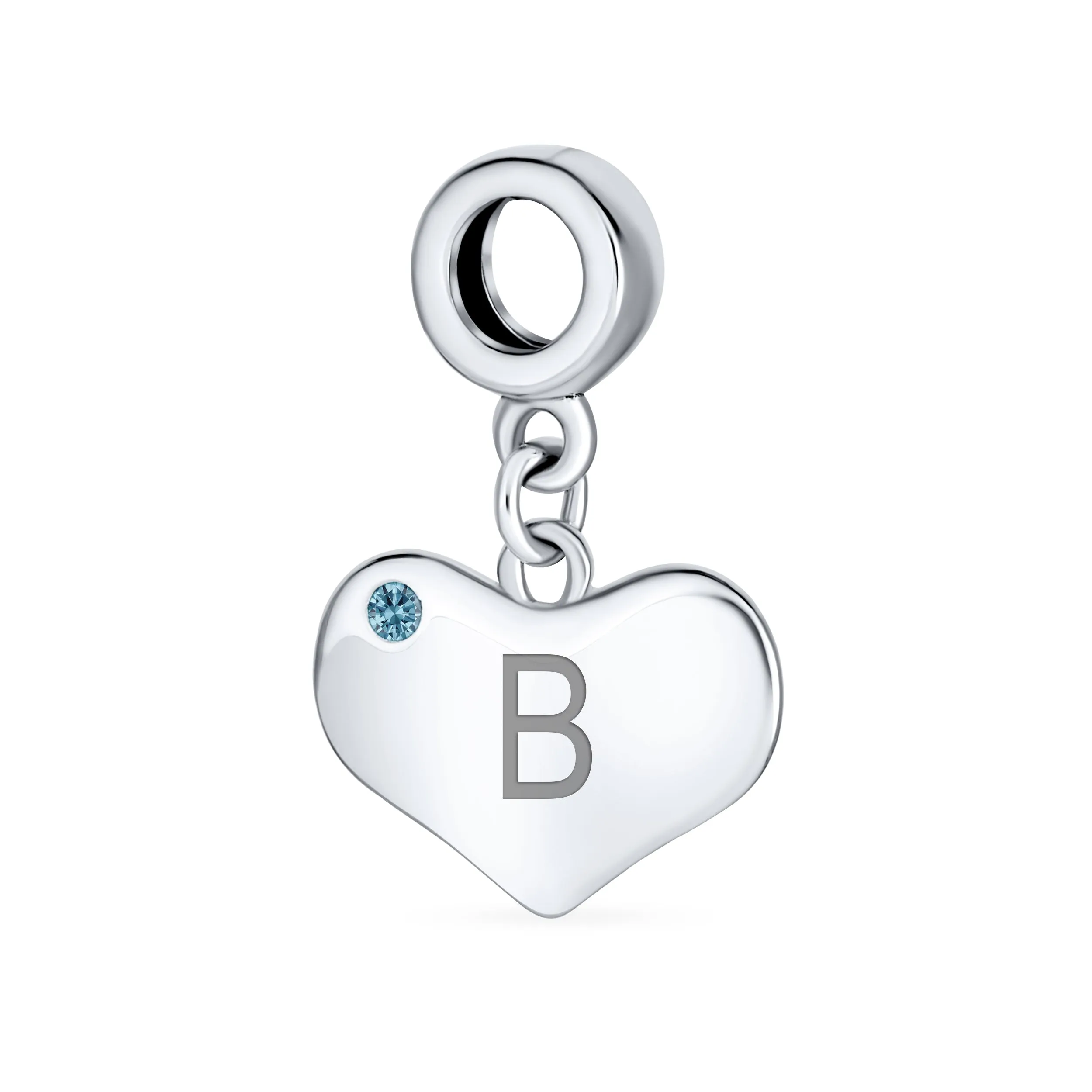 Initial Alphabet Bead Charm Blue Topaz Heart Dangle for Sterling Silver Bracelet