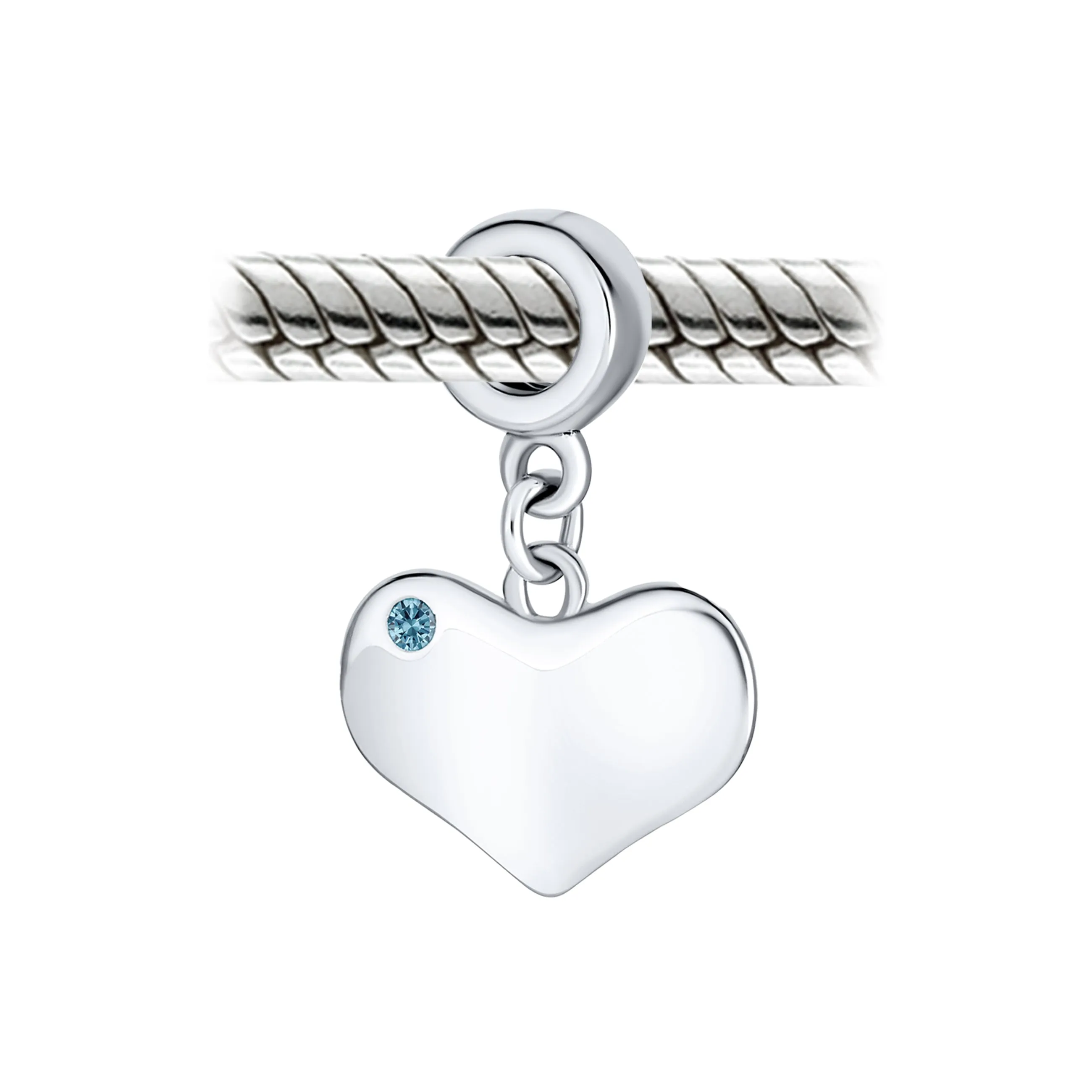 Initial Alphabet Bead Charm Blue Topaz Heart Dangle for Sterling Silver Bracelet