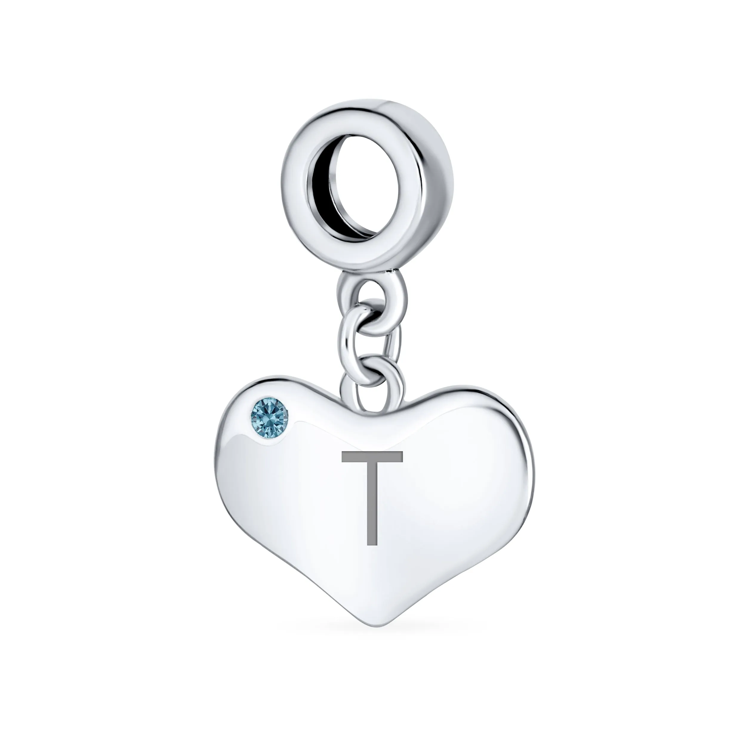 Initial Alphabet Bead Charm Blue Topaz Heart Dangle for Sterling Silver Bracelet