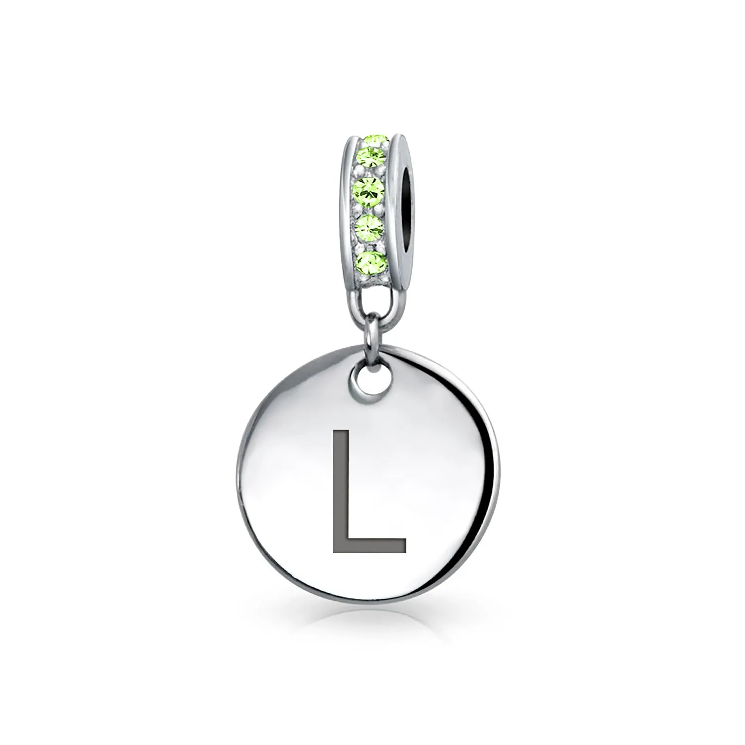 Initial Alphabet Bead Charm Light Green Crystal Sterling Silver Simulated Emerald