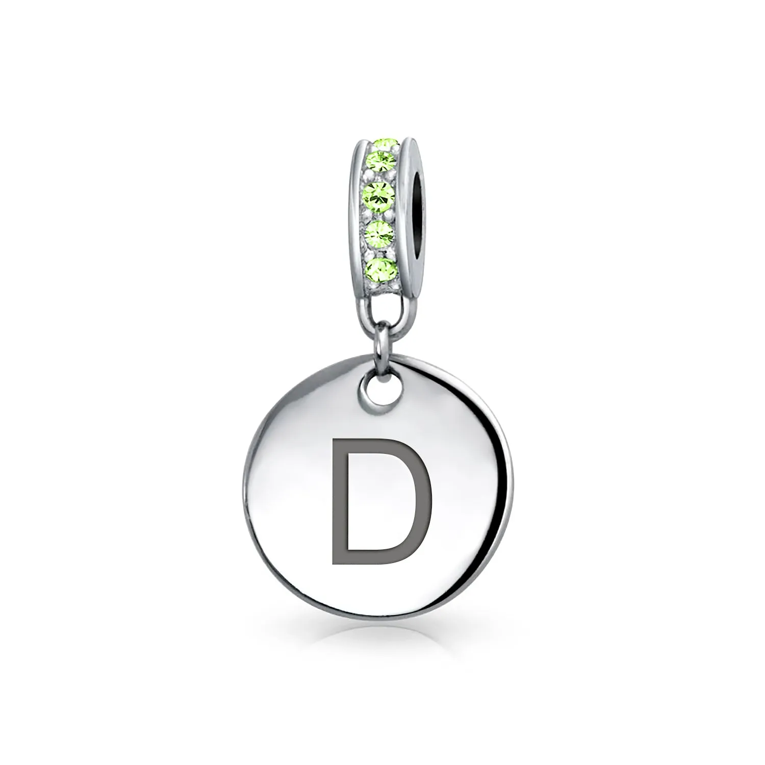 Initial Alphabet Bead Charm Light Green Crystal Sterling Silver Simulated Emerald