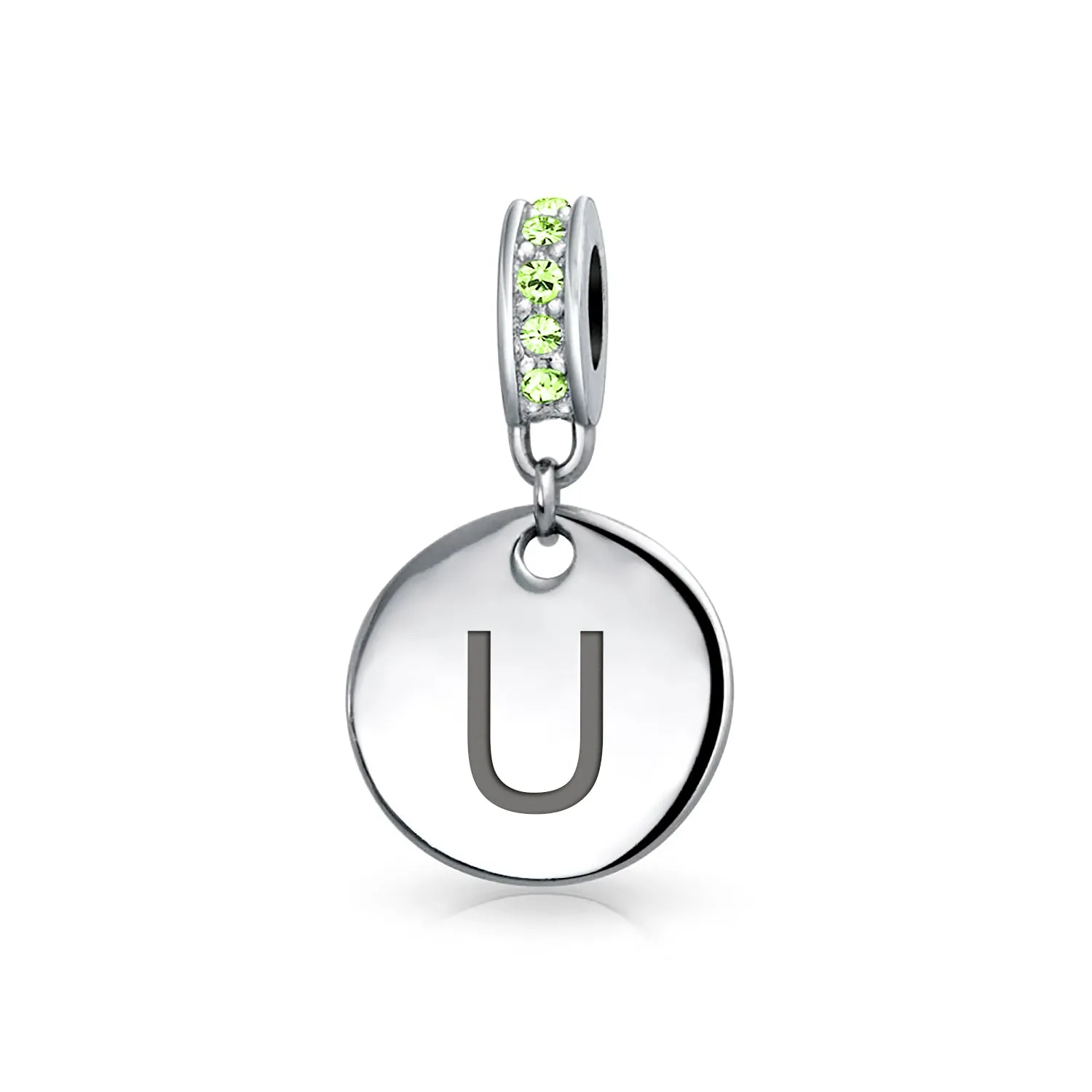 Initial Alphabet Bead Charm Light Green Crystal Sterling Silver Simulated Emerald