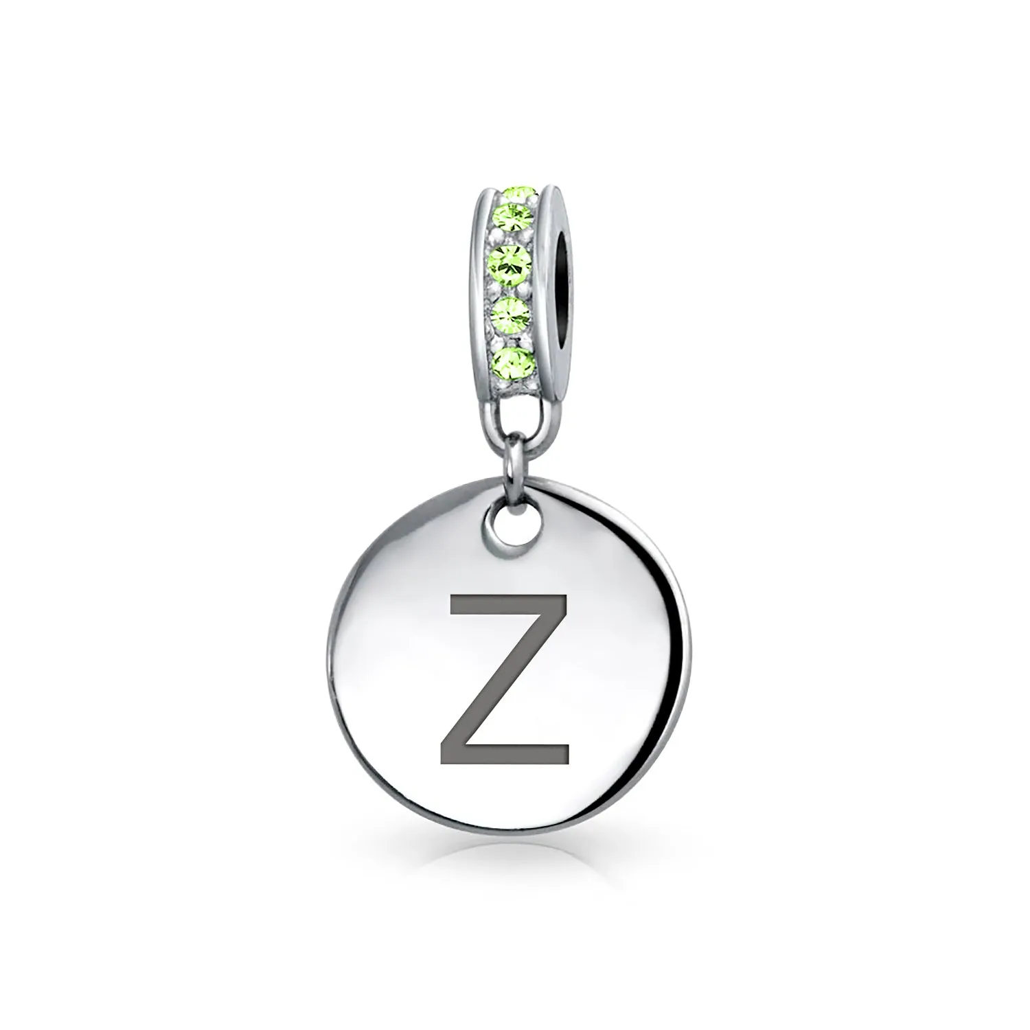 Initial Alphabet Bead Charm Light Green Crystal Sterling Silver Simulated Emerald