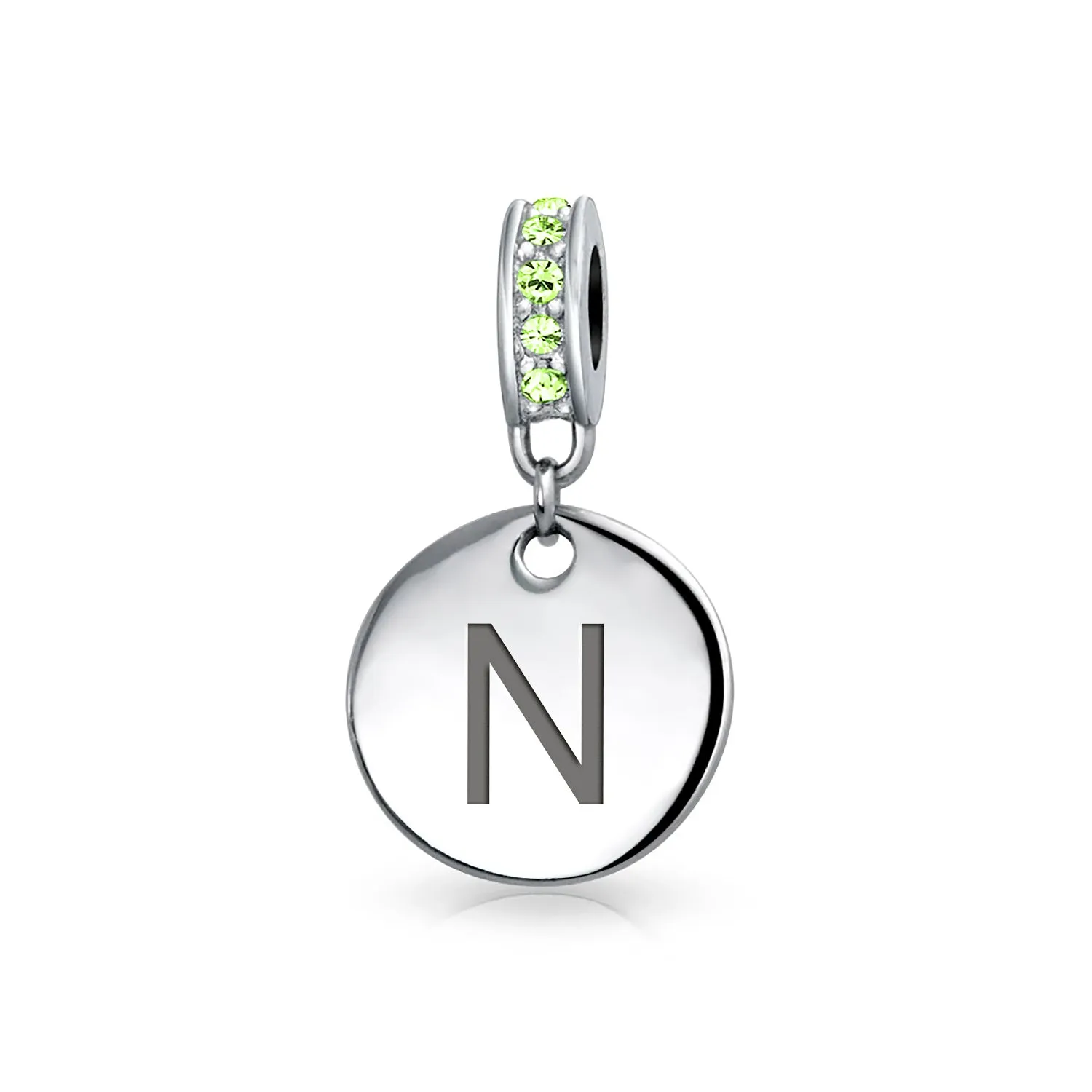 Initial Alphabet Bead Charm Light Green Crystal Sterling Silver Simulated Emerald