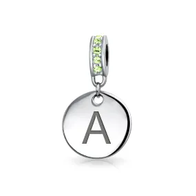 Initial Alphabet Bead Charm Light Green Crystal Sterling Silver Simulated Emerald