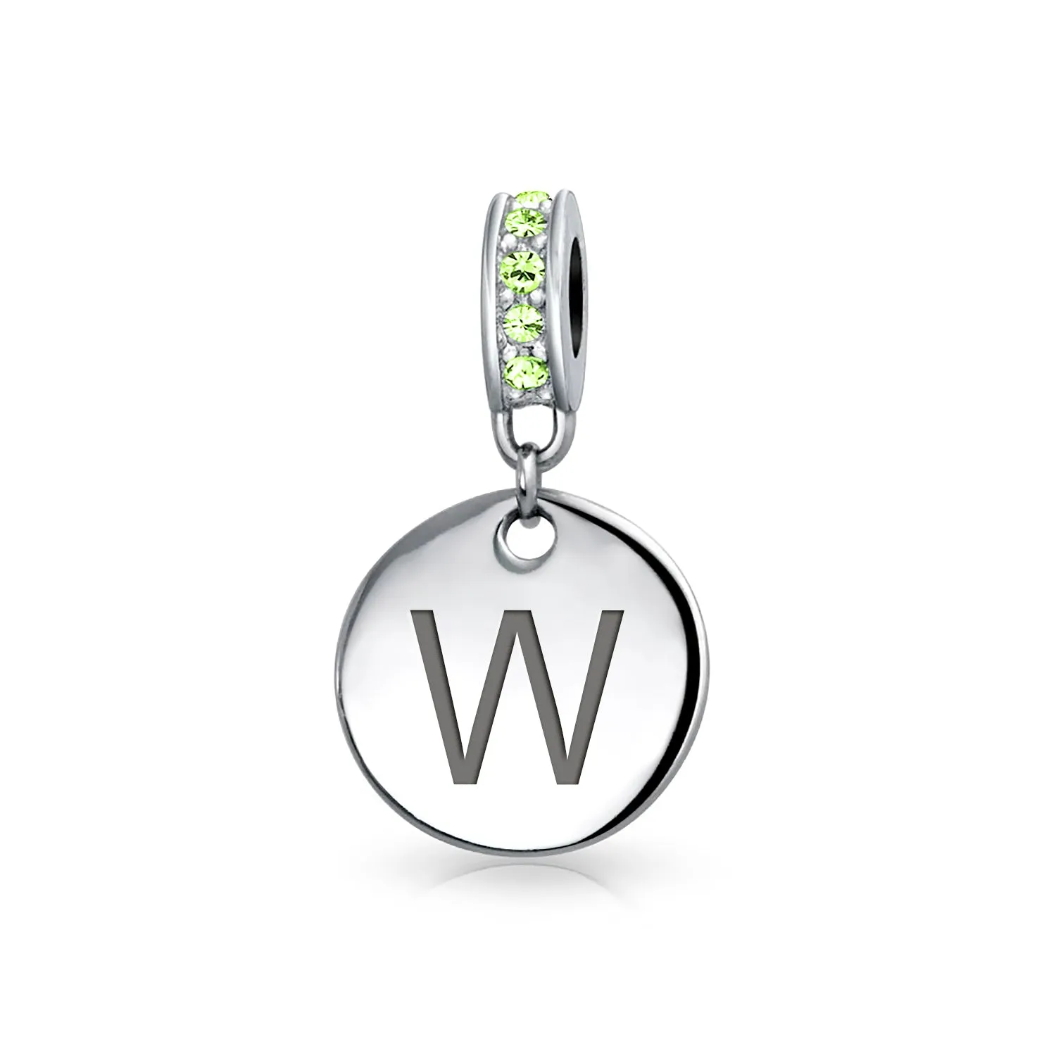 Initial Alphabet Bead Charm Light Green Crystal Sterling Silver Simulated Emerald