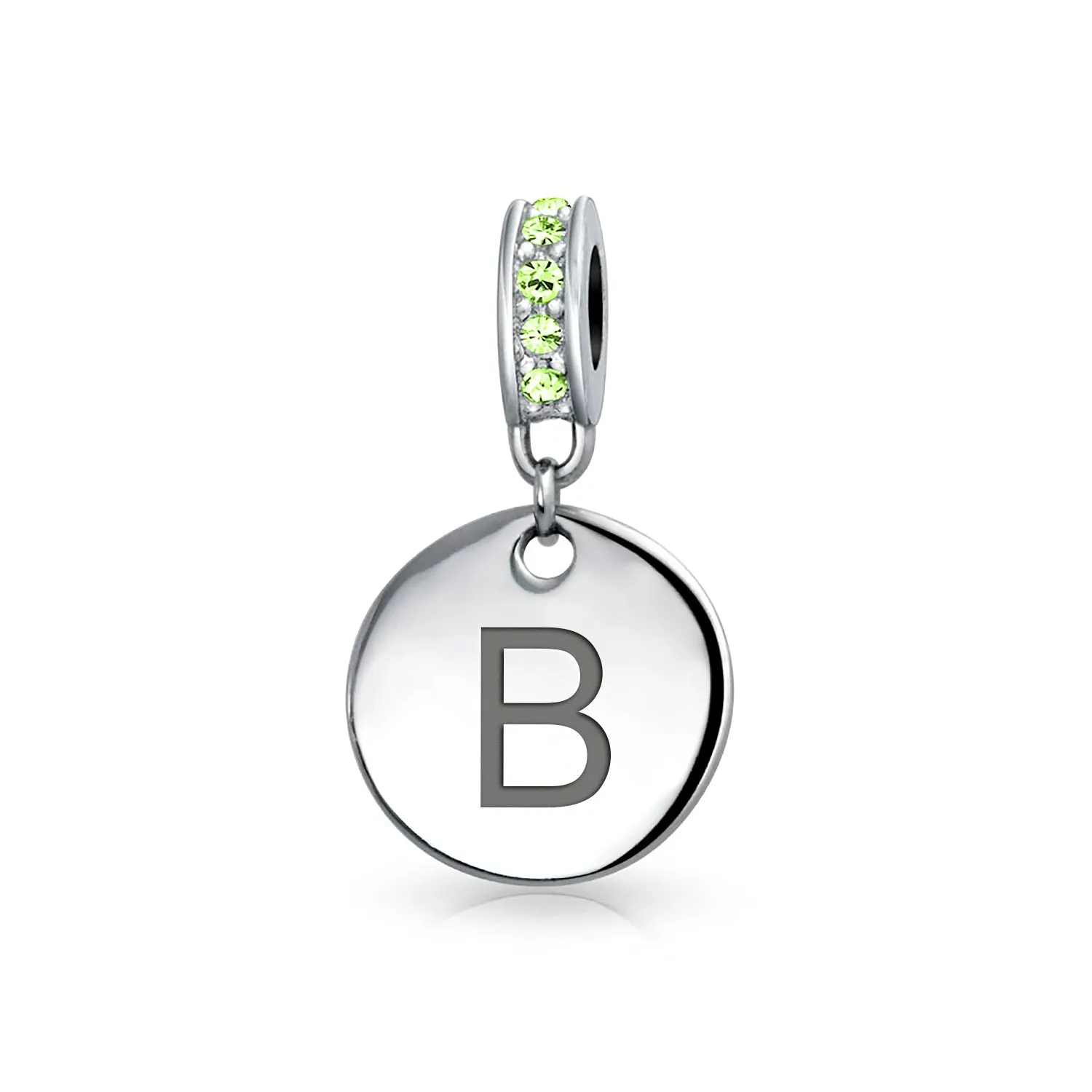 Initial Alphabet Bead Charm Light Green Crystal Sterling Silver Simulated Emerald