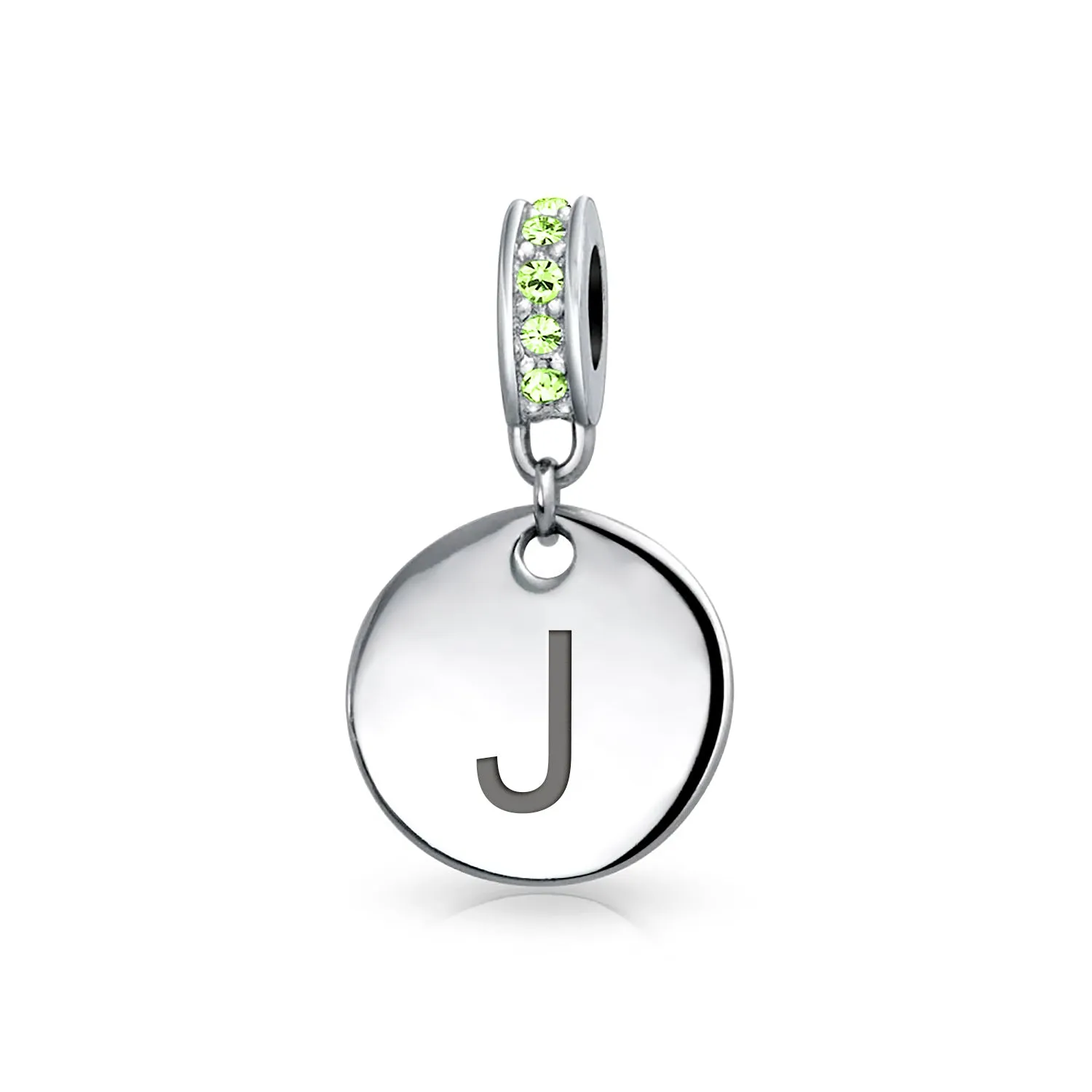 Initial Alphabet Bead Charm Light Green Crystal Sterling Silver Simulated Emerald