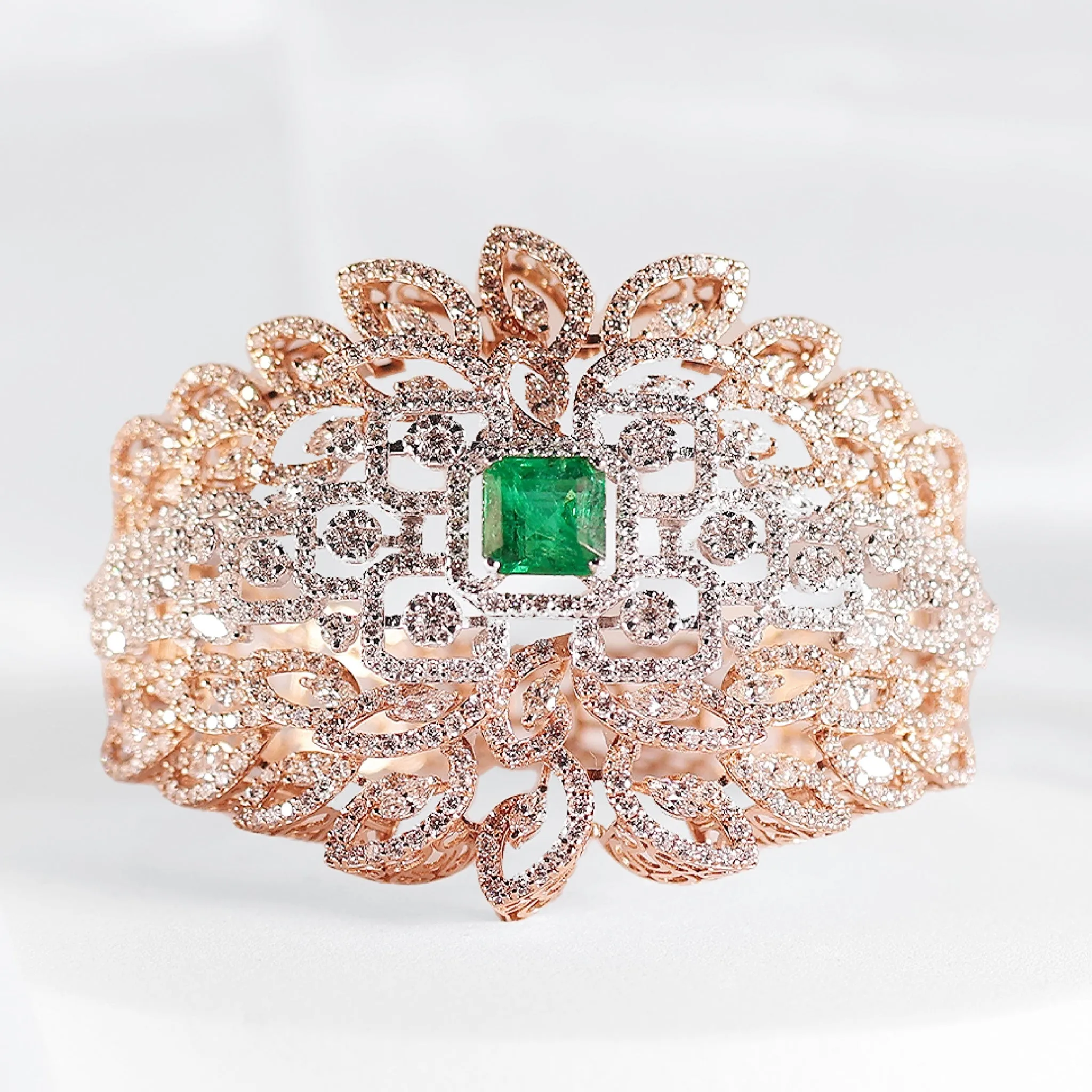 Ivana Royale Green Colombian Emerald Cathedral Paved Diamond Bracelet Bangle 18kt | Editor’s Pick