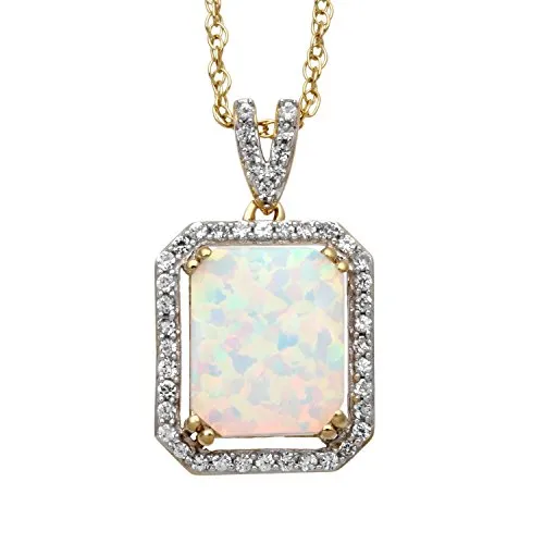 Jewelili 14K Yellow Gold Over Sterling Silver With Octagon Created Opal and Round Created White Sapphire Halo Pendant Necklace