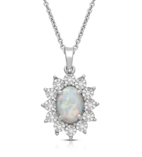 Jewelili Sterling Silver 7x5 MM Oval Cut Created Opal and 1/20 Cttw Natural White Round Diamond Halo Pendant Necklace