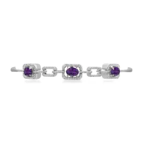 Jewelili Sterling Silver With Oval Amethyst and Round White Topaz and Emerald Bolo Bracelet