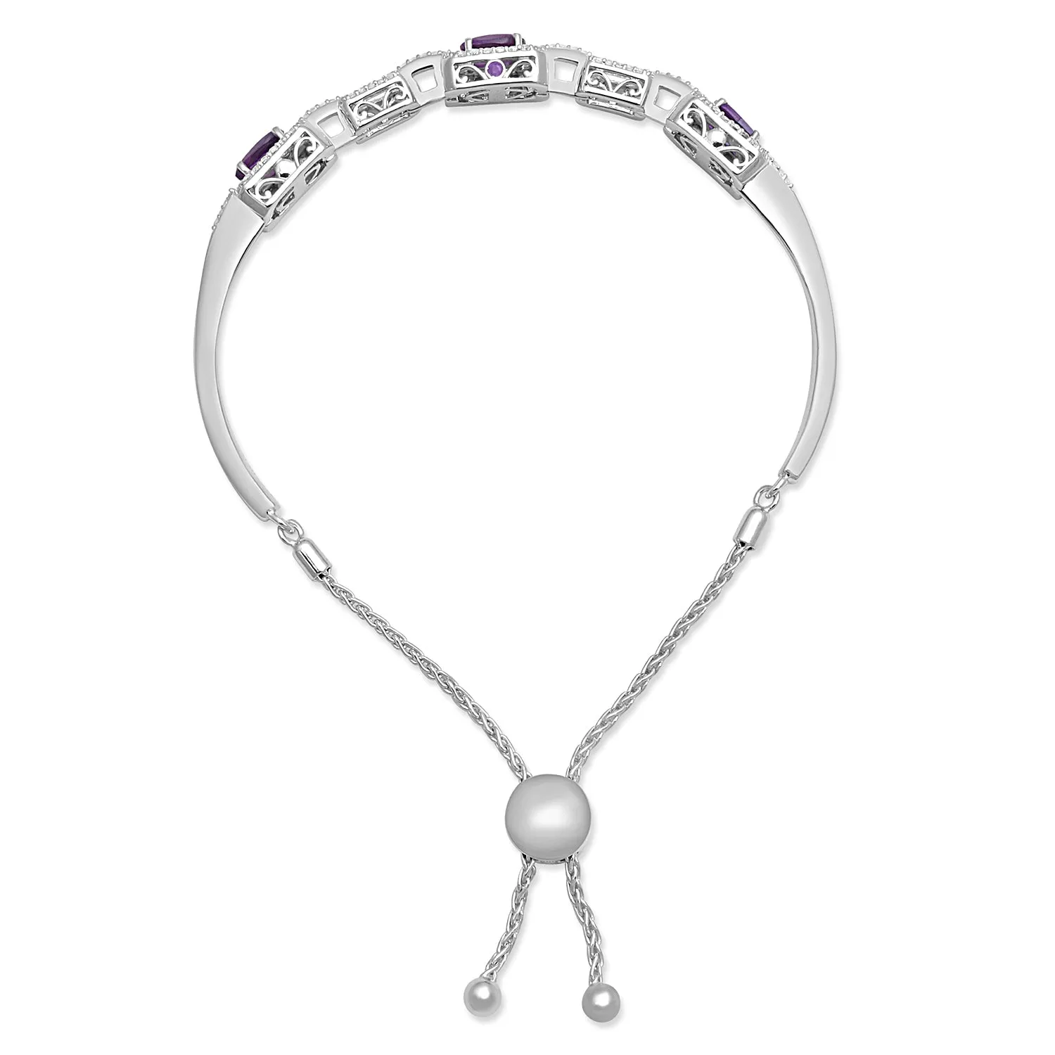 Jewelili Sterling Silver With Oval Amethyst and Round White Topaz and Emerald Bolo Bracelet