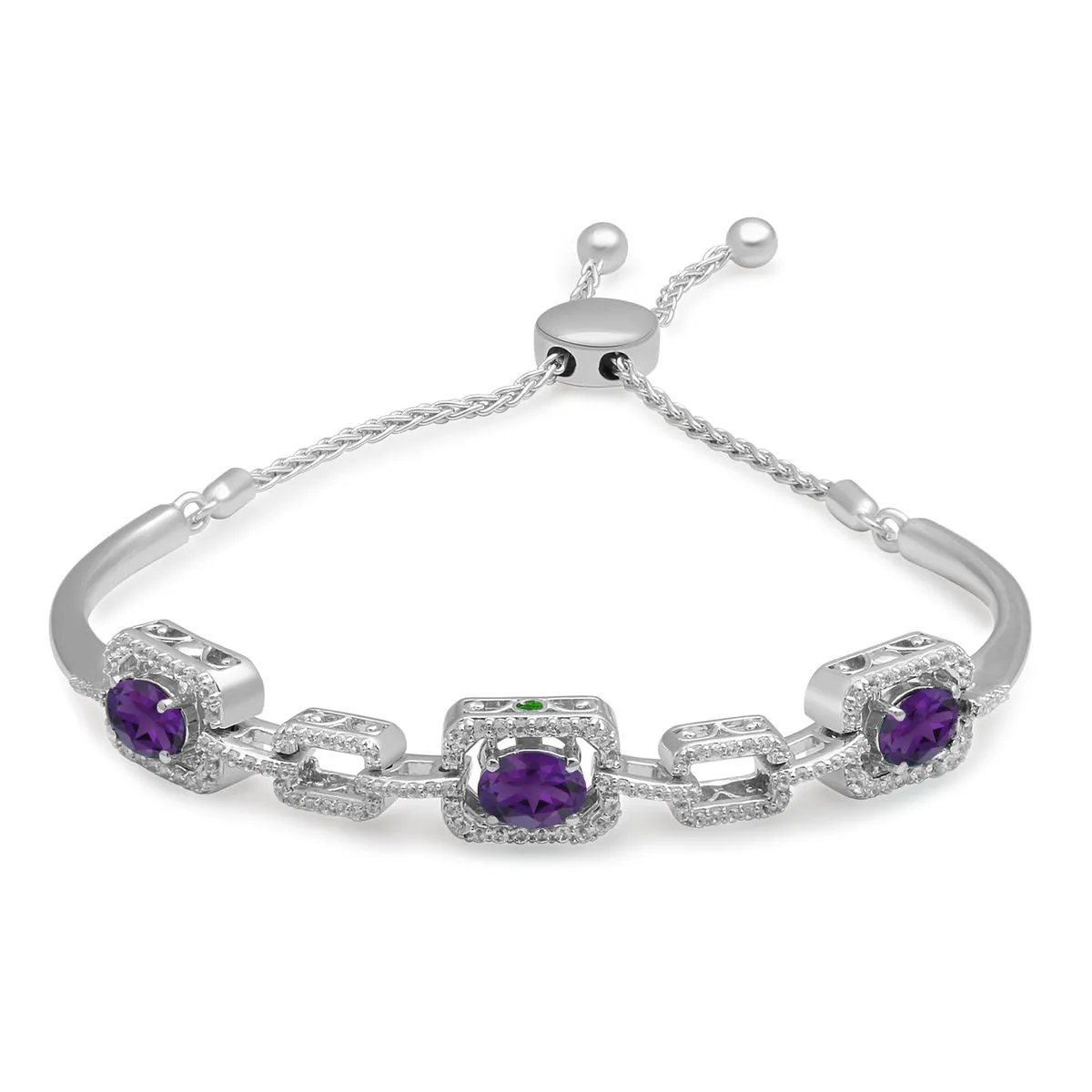 Jewelili Sterling Silver With Oval Amethyst and Round White Topaz and Emerald Bolo Bracelet