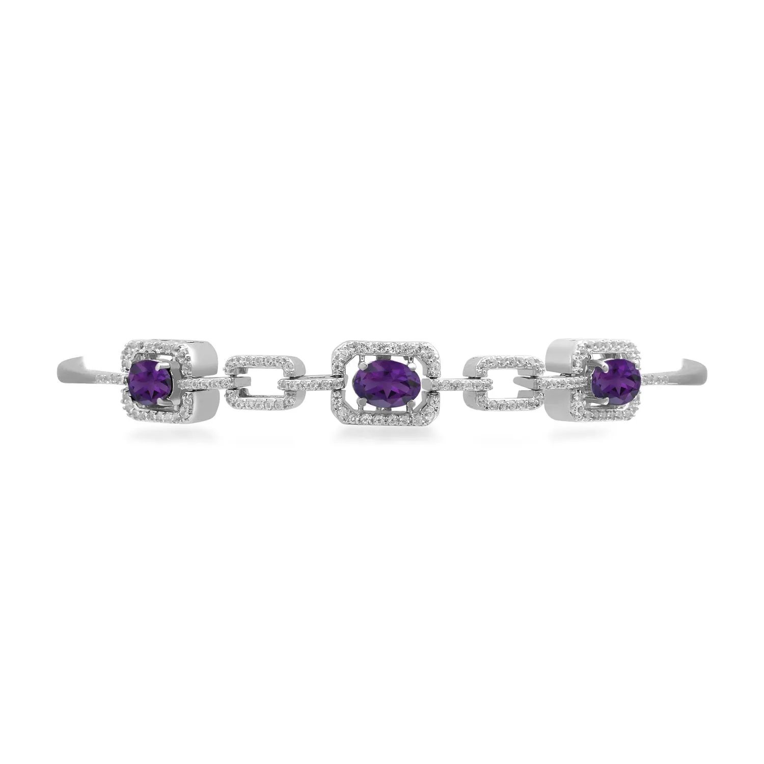 Jewelili Sterling Silver With Oval Amethyst and Round White Topaz and Emerald Bolo Bracelet