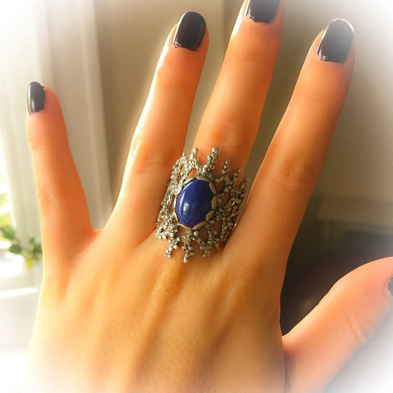 Lapis Lazuli Ring - Blue Statement Ring - Heavy Silver Ring