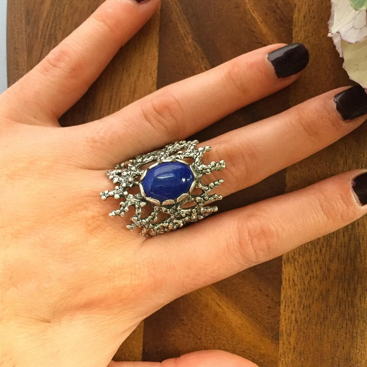 Lapis Lazuli Ring - Blue Statement Ring - Heavy Silver Ring