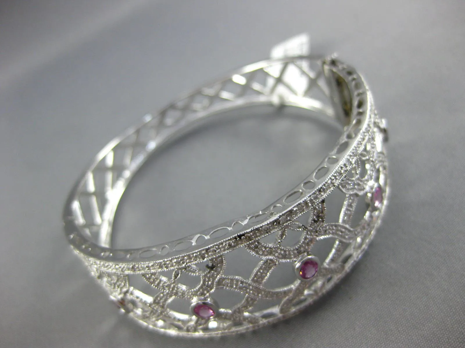 LARGE .93CT DIAMOND & AAA PINK SAPPHIRE 14KT WHITE GOLD 3D CUFF BANGLE BRACELET