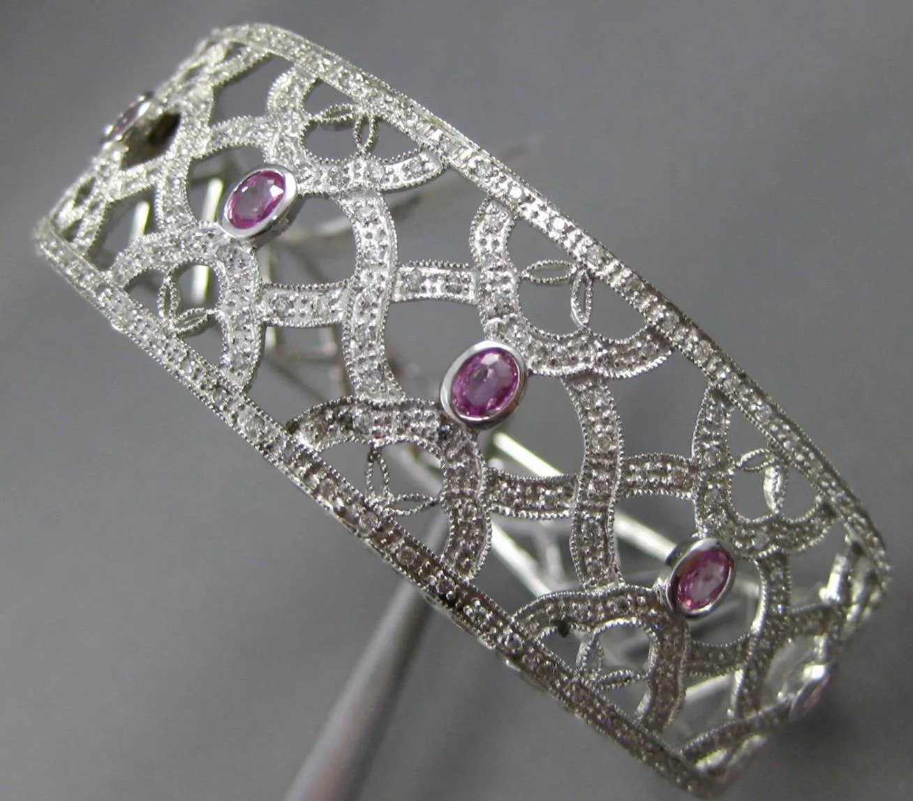 LARGE .93CT DIAMOND & AAA PINK SAPPHIRE 14KT WHITE GOLD 3D CUFF BANGLE BRACELET