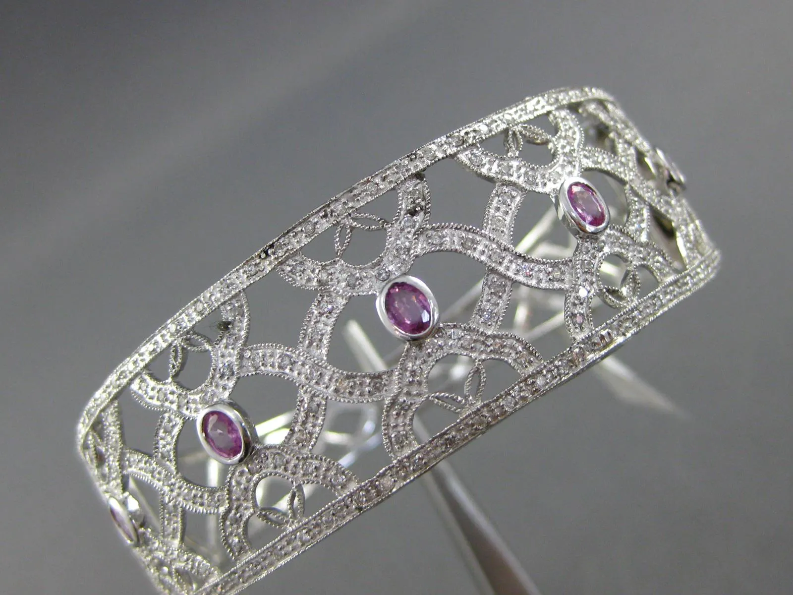 LARGE .93CT DIAMOND & AAA PINK SAPPHIRE 14KT WHITE GOLD 3D CUFF BANGLE BRACELET