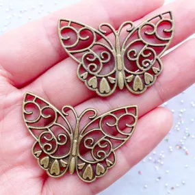 Large Butterfly Charm Connectors with Filigree Pattern | Big Butterfly Pendant | Insect Charm | Nature Jewellery | Butterfly Embellishments | Zakka Home Decor (2pcs / Antique Bronze / 38mm x 27mm / 2 Sided)